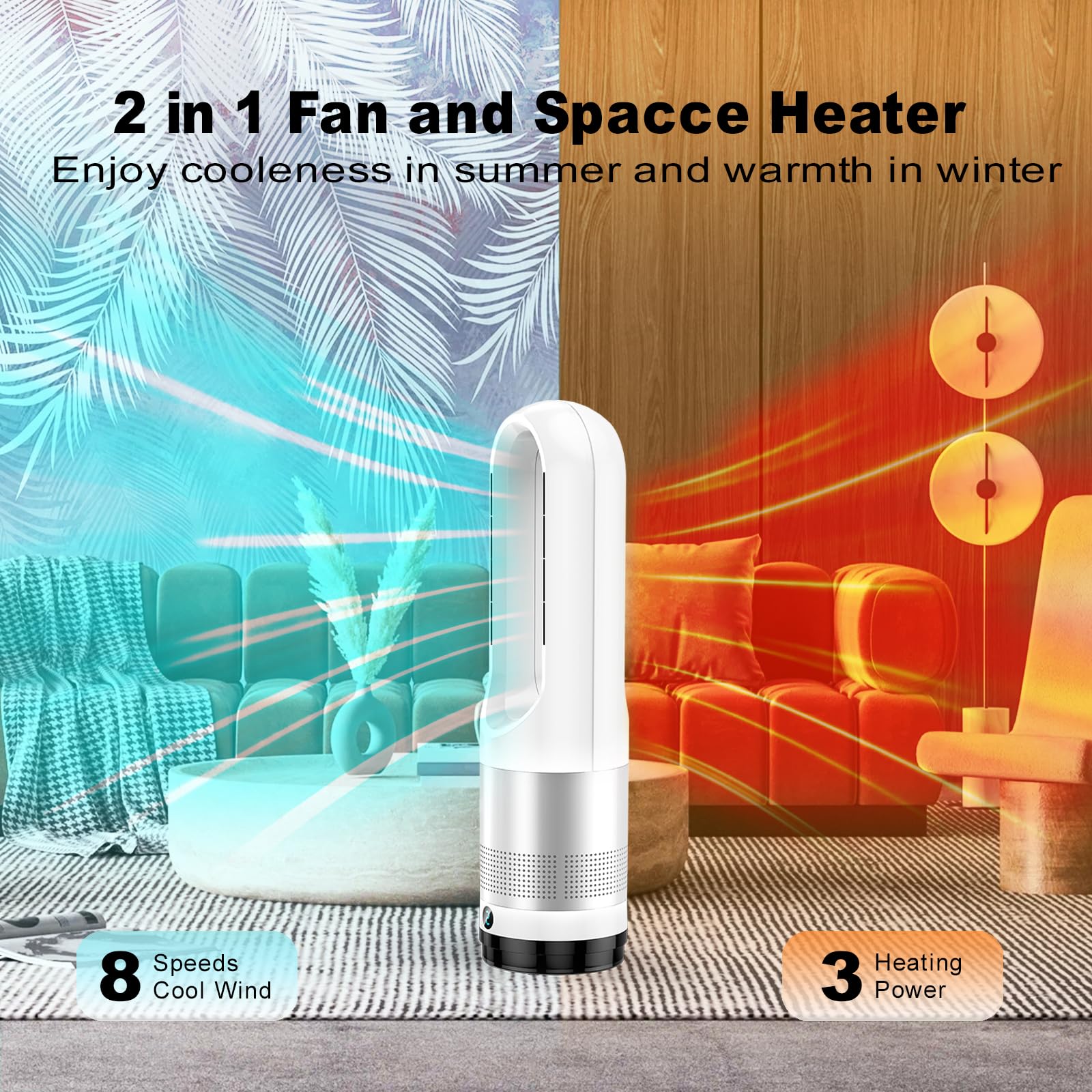 Ventilador de torre sin aspas, calentador de espacio de 1400 W y ventilador de enfriador de 40 W con control remoto, oscilación de 80°, 8 velocidades y 3 modos de calefacción, temporizador de 9 horas, 2