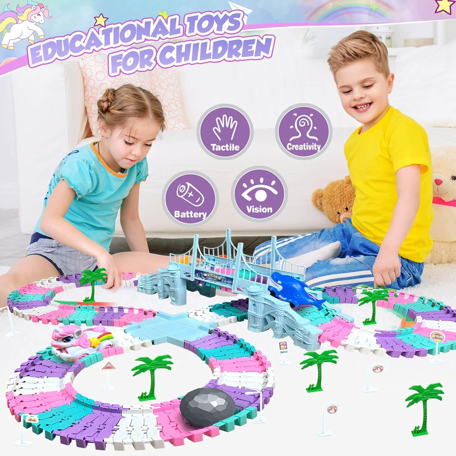 Dolanus Toys for 3-8 Year Old Girls: Unicorn Car Race Magic Tracks for Toddlers, Car Games for Kids Ages 3-5, Gifts for 4 5 6 7 8 Years Old Girls Presents - Flexible RaceTracks with 2 Electric Cars