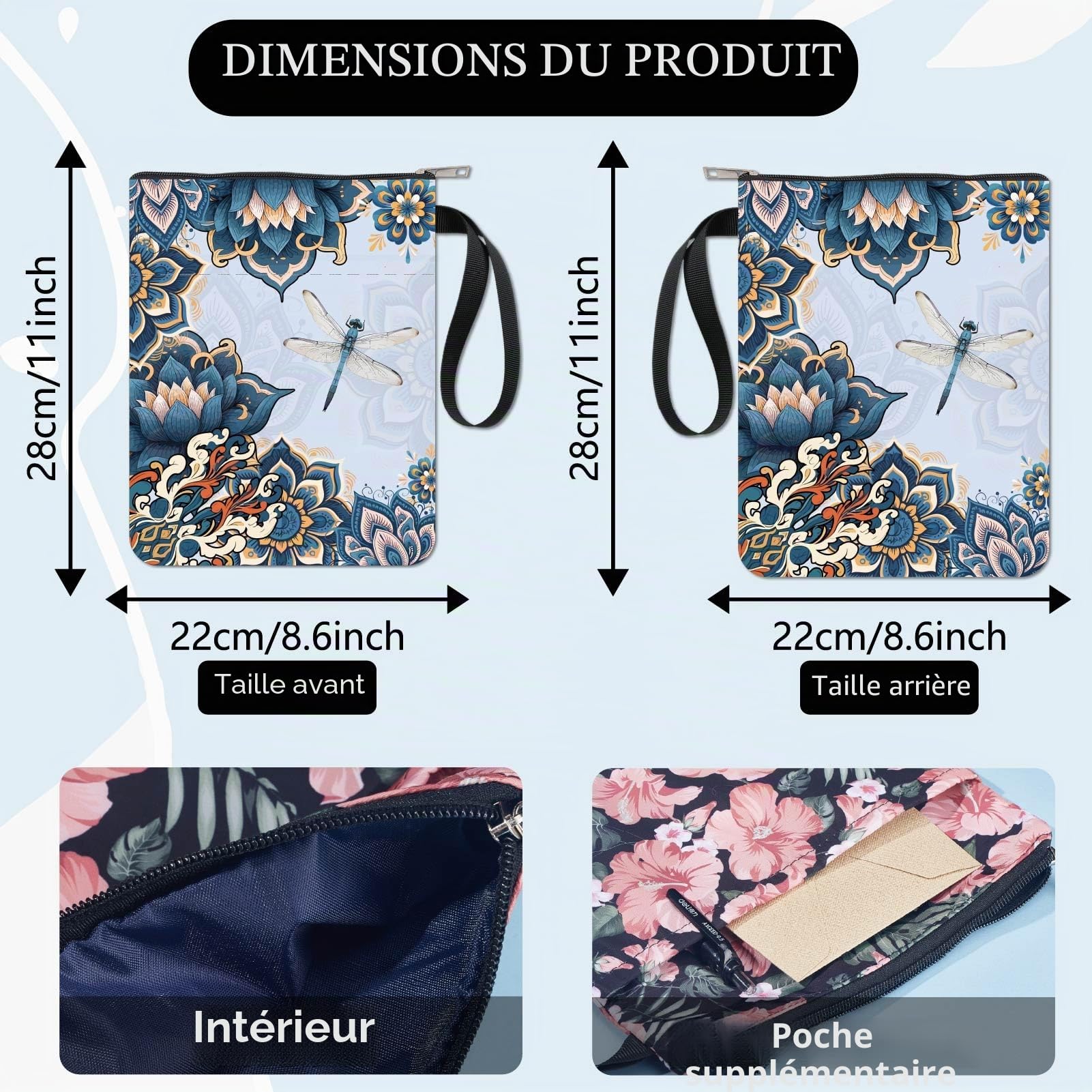 craspire Boho Fleur Libellule Pochette de Livre avec Poche à Fermeture Éclair Cadeaux pour Les Amateurs de Livres Mandala Lotus Couverture Rigide Pochette de Livre Étanche Sac de Protection Housse