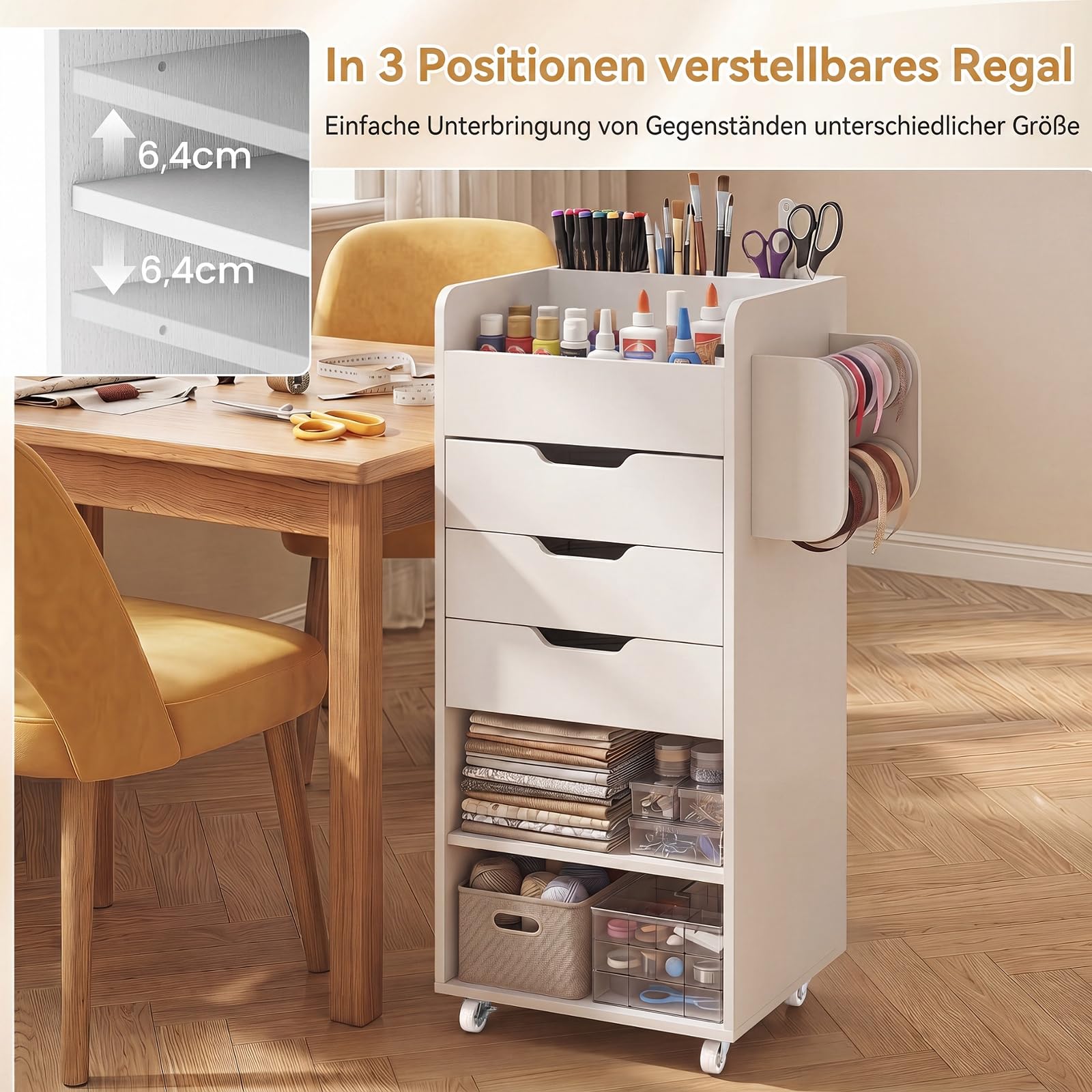 COSTWAY Rollcontainer mit 3 Schubladen, Rollwagen auf Rollen (Weiß) | Bastelwagen mit 2 Rollstangen & 3 Fächern, Bastelschrank aus Holz, Schreibtisch Unterschrank, Bürocontainer für Zuhause, Büro