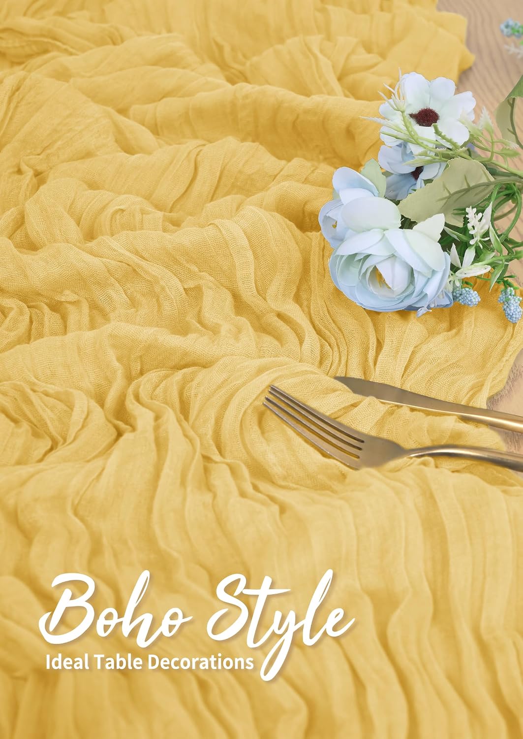 Pesonlook Cheesecloth Table Runner Gold, 10 Pack 17.7x108 inch, Long | Rustic Boho Gauze Table Runners, Crinkled Texture, Soft, Washable Reusable Decorations for Wedding Party Dinner Holiday Home
