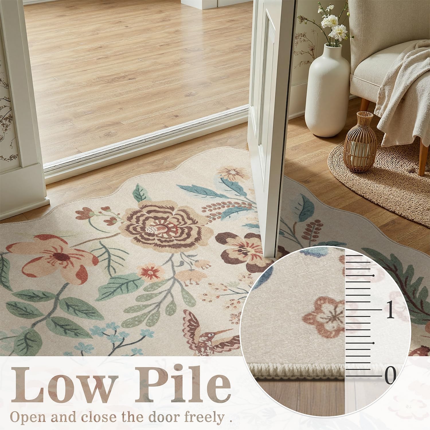 DCX Beige Floral Rug 3x5, Washable Beige Rug for Living Room, Kid & Pet Friendly with Rubber Back Non Slip, Soft Low Pile Carpet, Stain Resistant Rug for Bedroom, Nursery, Dining Room