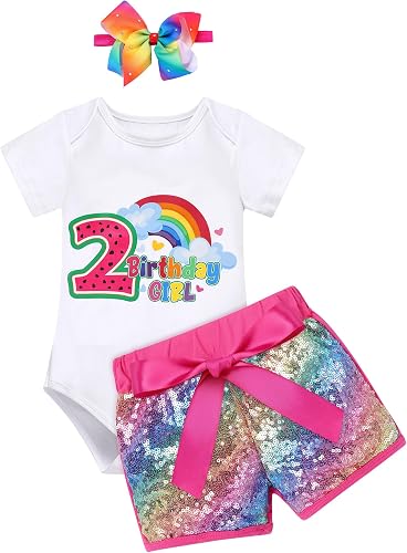 Baby Girl 1st Birthday Outfit Rainbow Sparkle Sequins Outfits Headband Summer Ca