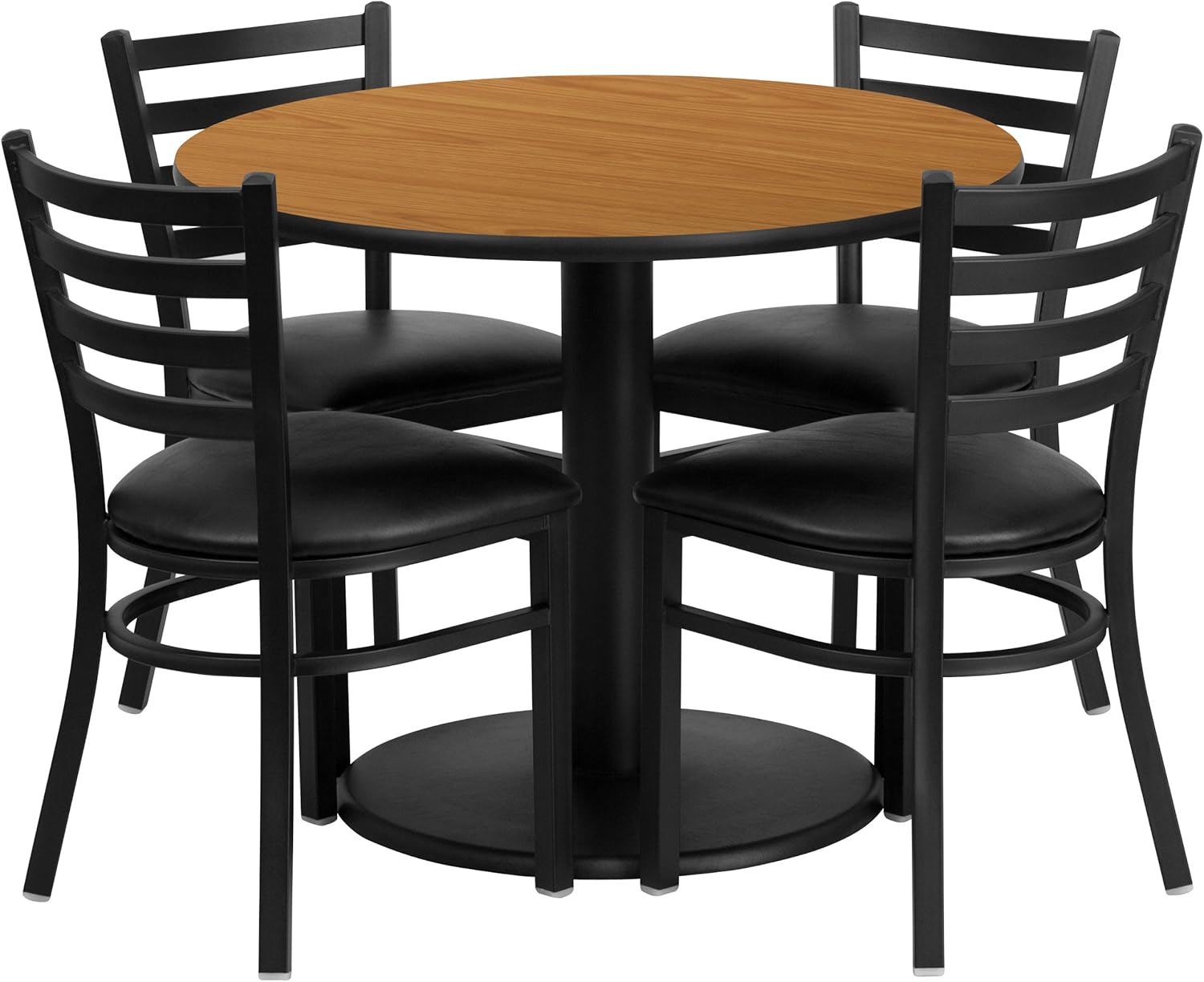 BizChair 36RD Natural Table Set-RD Base & 4 Ladder Back Chairs,Black Seat