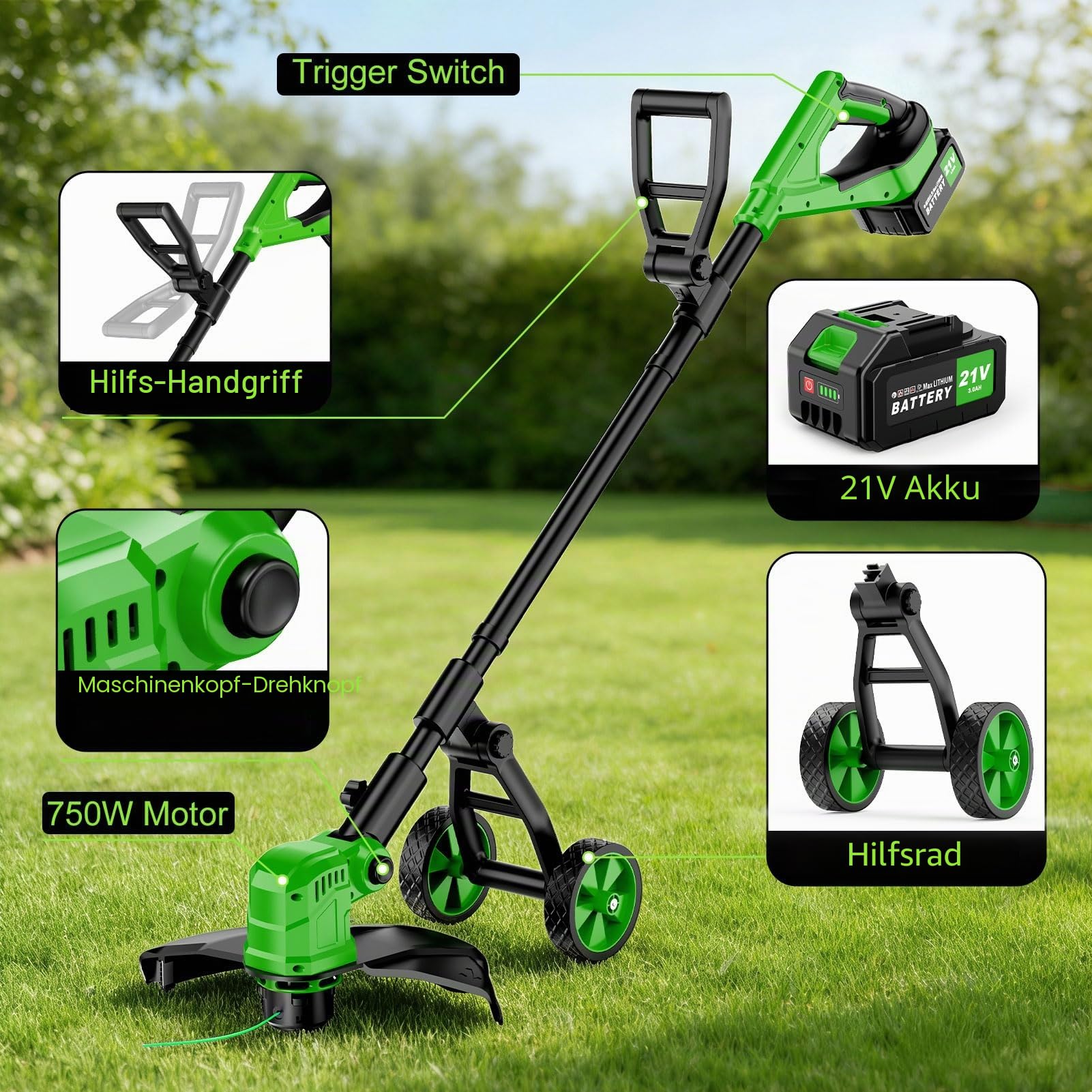 Rasentrimmer mit Rad 14 Zoll,Akku-Rasentrimmer mit 2×3,0 Ah Batterie und Ladegerät,20.000 U/min,4-in-1 Freischneider mit 800W Bürstenloser Motor,8 Ersatzspulen für Garden Trimmen,Höfe