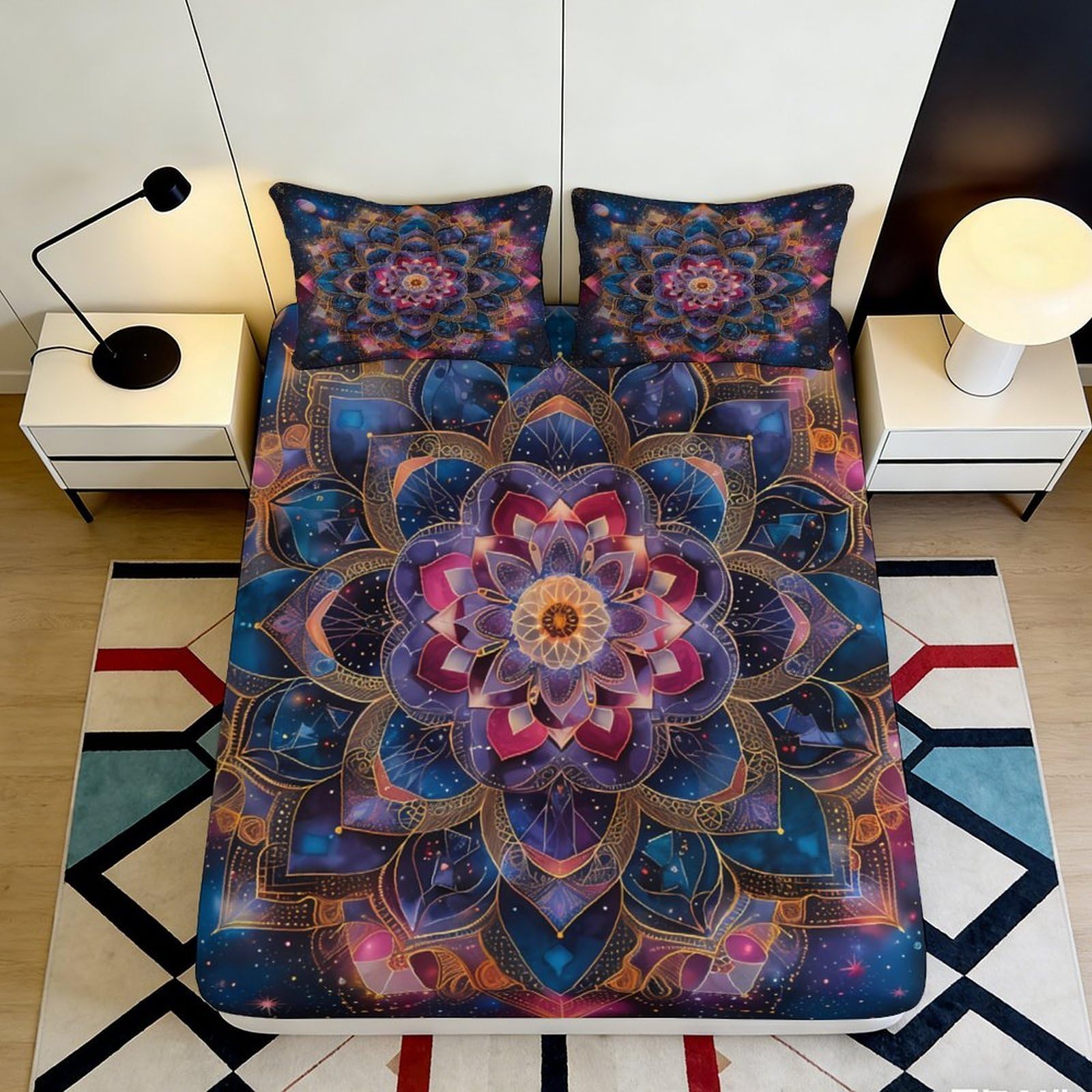 3D Printed Mandala Floral Fitted Sheet Microfiber Soft Breathable Boho Ethnic Mattress Cover for Bedroom Decor 90x200x25cm