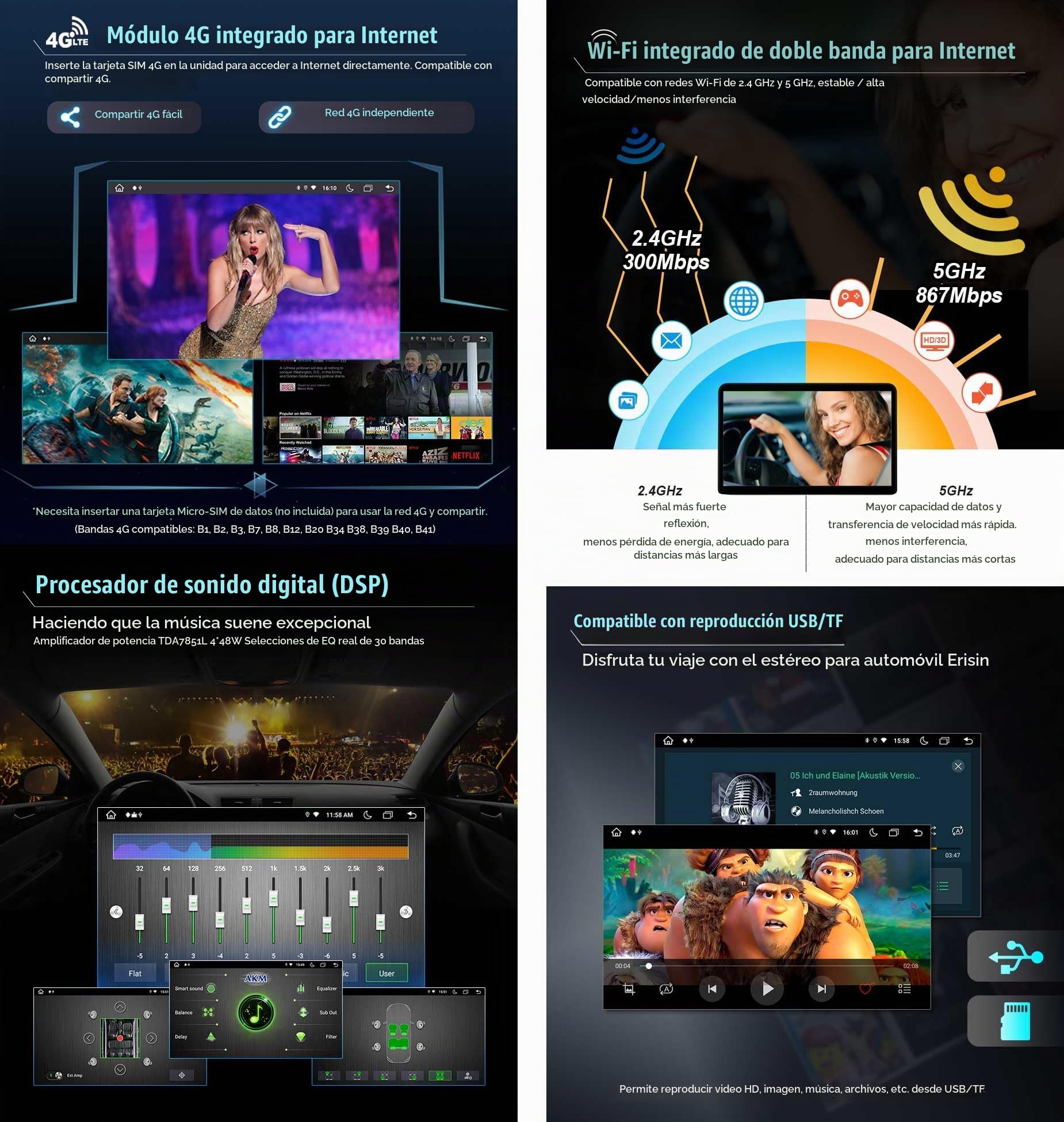 Erisin 7 pulgadas 8-Núcleo 4GB+64GB Android 14 Autoradio Bluetooth GPS Navegación para Volkswagen Touran Passat B6 Golf 5/6 Beetle Scirocco Polo Caddy T5 Seat Carplay Android Auto DSP WiFi DAB+ USB CD