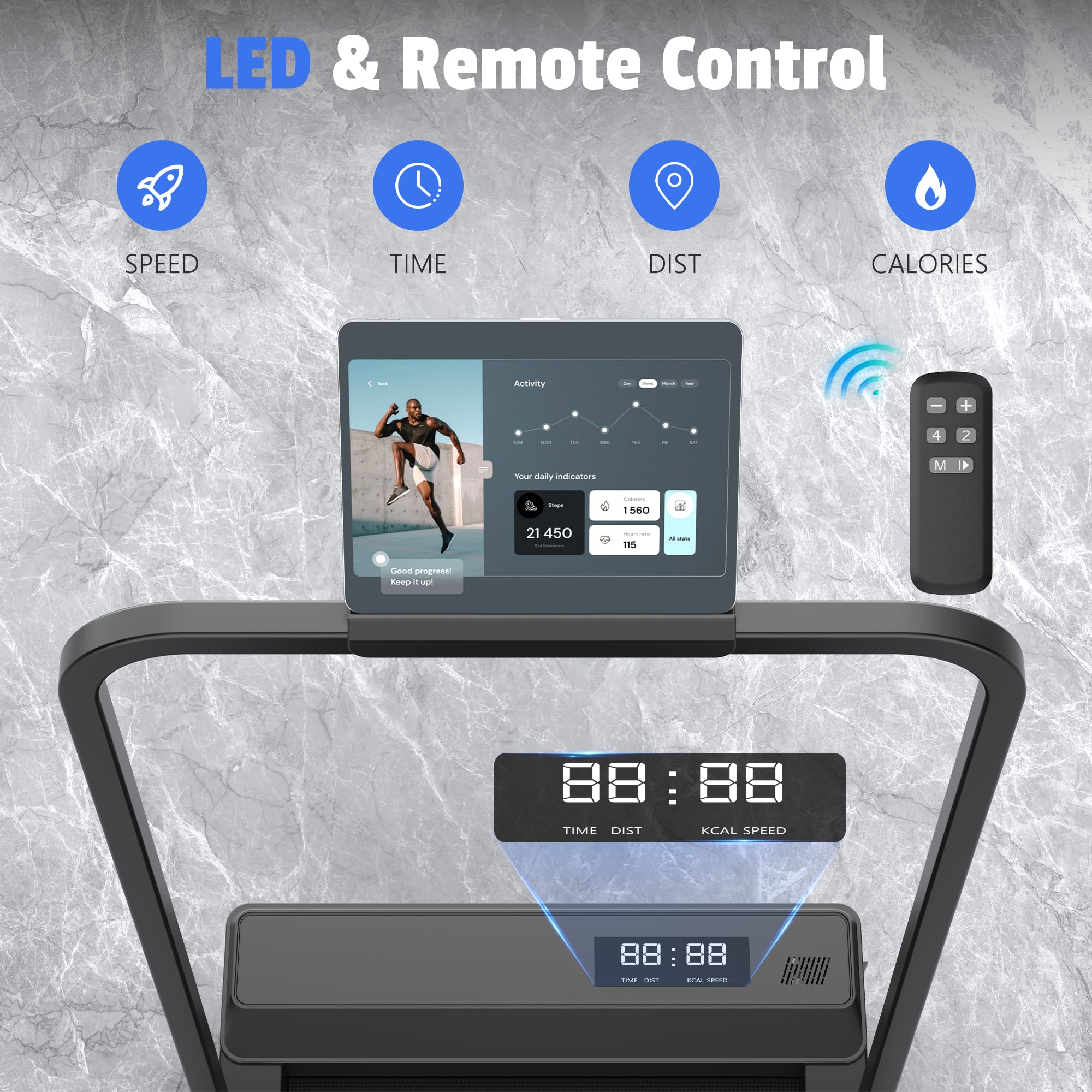 Tapis de Marche Course Pliable - Walking Pad, Treadmill Roulant de Sport Portable Petit Electrique Motorise avec Télécom, 4 en 1 LED et 90° Tablet Holder for Bureau Home Fitness 110kg Max