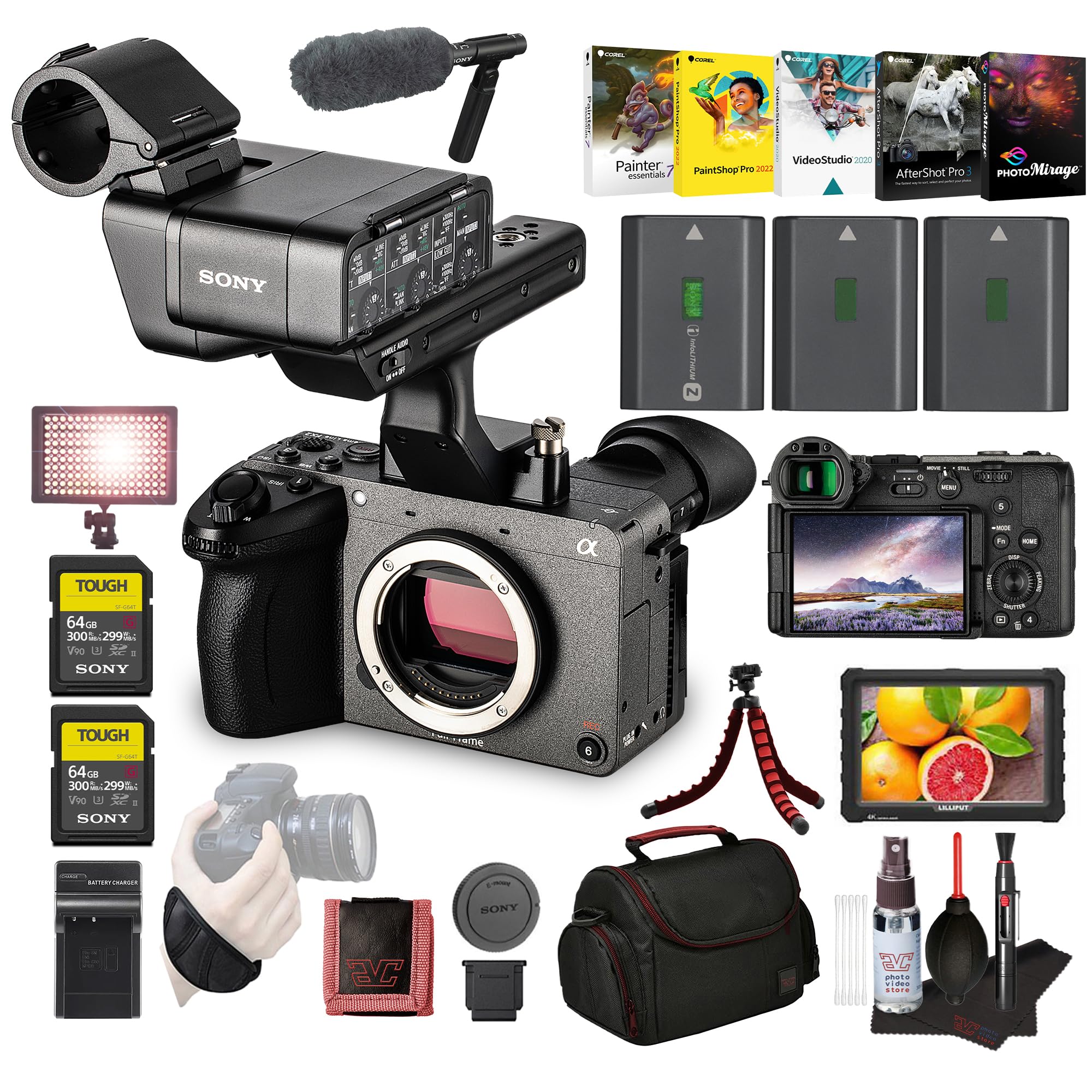 Sony FX2 Cinema Camera Kit w/XLR Handle – Dual XLR Audio, Full-Frame 4K (ILME-FX2) + Pro Mic + Monitor + 2 x 64GB Memory Card + LED Light + 2 x NP-FZ100 Battery + Photography Software + More