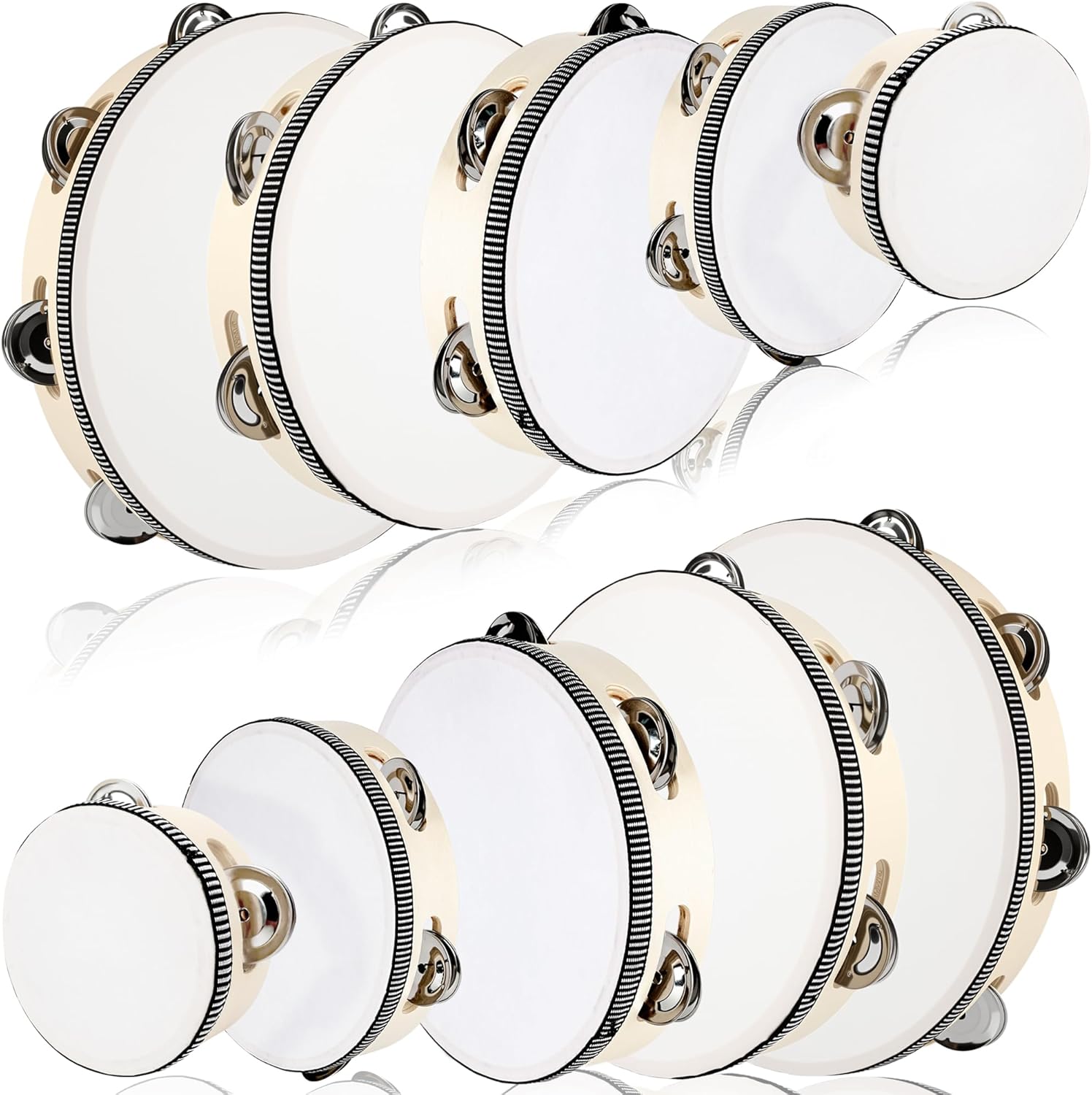 10 Pcs Tambourine Set for Adults Handheld Drum Bell 4 6 7 8 10 Inch Wood Wedding Tambourine with Jingles Musical Percussion Instrument Church Wedding Dance Party Gift, 5 Size