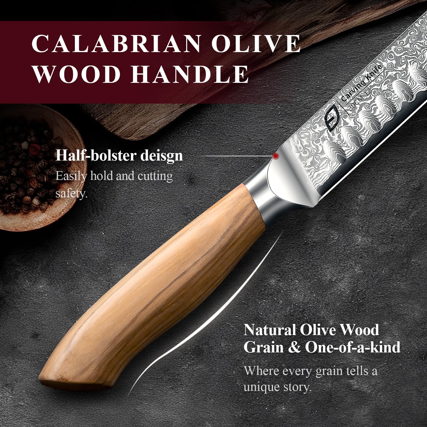 Emojoy Damascus Brisket Slicing Knife, 12" Carving Knife with Japanese Steel, Olive Wood Handle, Luxury Wooden Gift Box, Razor Sharp for Meat & Turkey — Amazon image 3