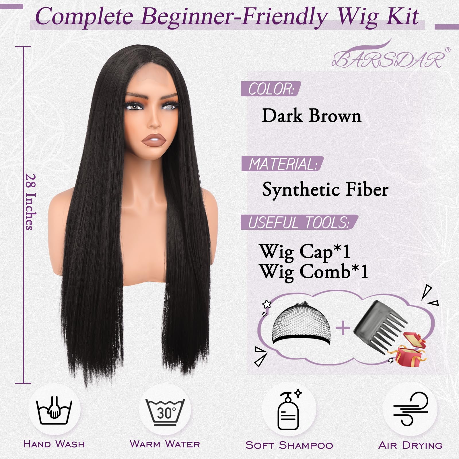 BARSDAR Lunga Lisci Marrone Scuro Parrucche, Lunga Lisci Parte Centrale Parrucca per Donna 71cm Dall'aspetto Naturale Sintetici Capelli Parrucca Partito Halloween Costumi Parrucche