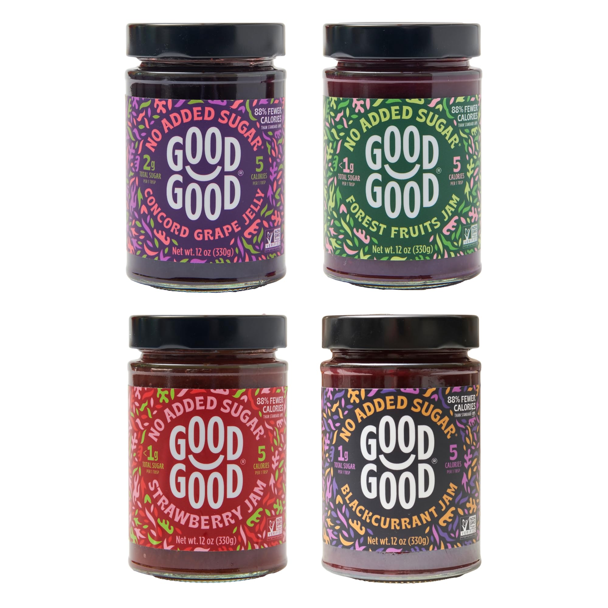 GOOD GOOD No Added Sugar Fruit Jam Variety Pack of 4 - Keto Friendly Jelly - Strawberry, Concord Grape, Forest Fruits and Blackcurrant Jam - Low Carb, Low-Calorie and Vegan - 12oz / 330g Jars