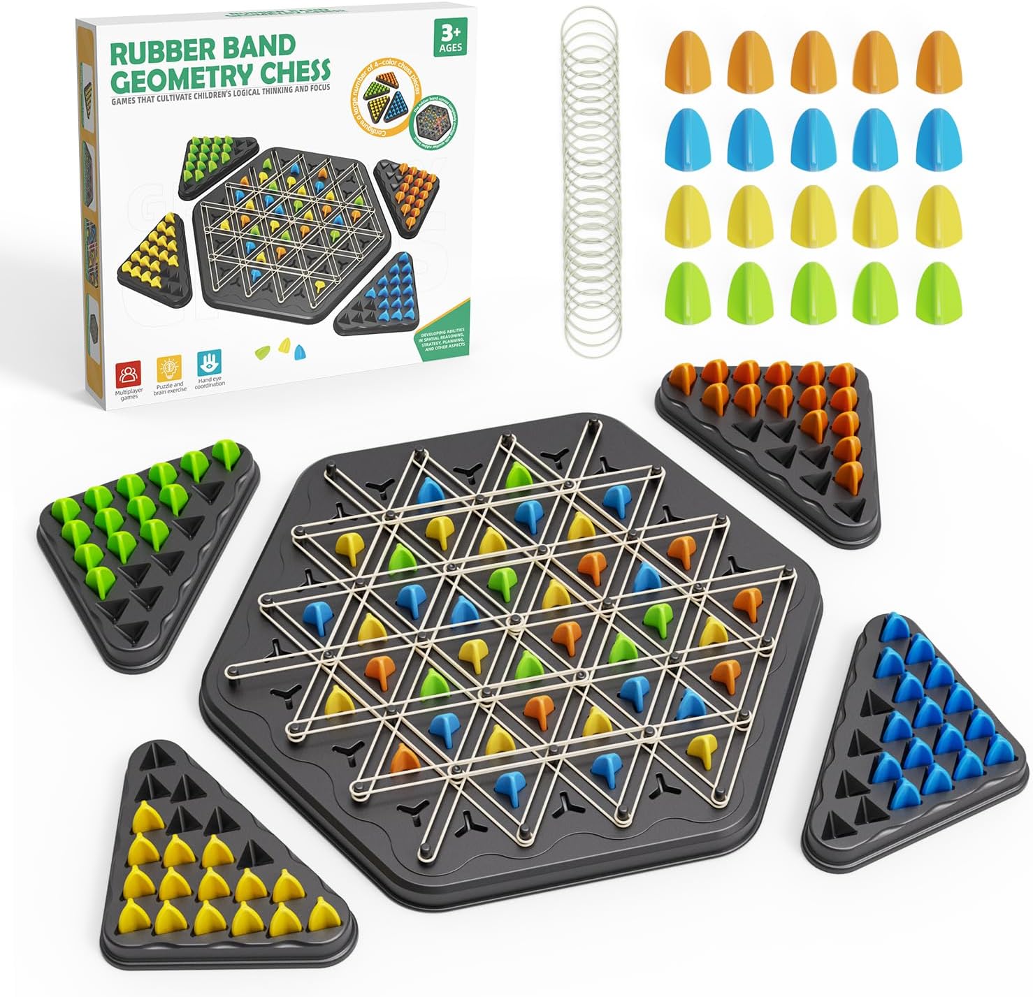 Chain Triangle Chess Game, Strategy Board Games for Kid 6-8-12, Chess Board Games for Adults, Family Games for Kids Adults, Triangle Rubber Band Game, 2 to 4 Players, Kids Christmas Birthday Gifts
