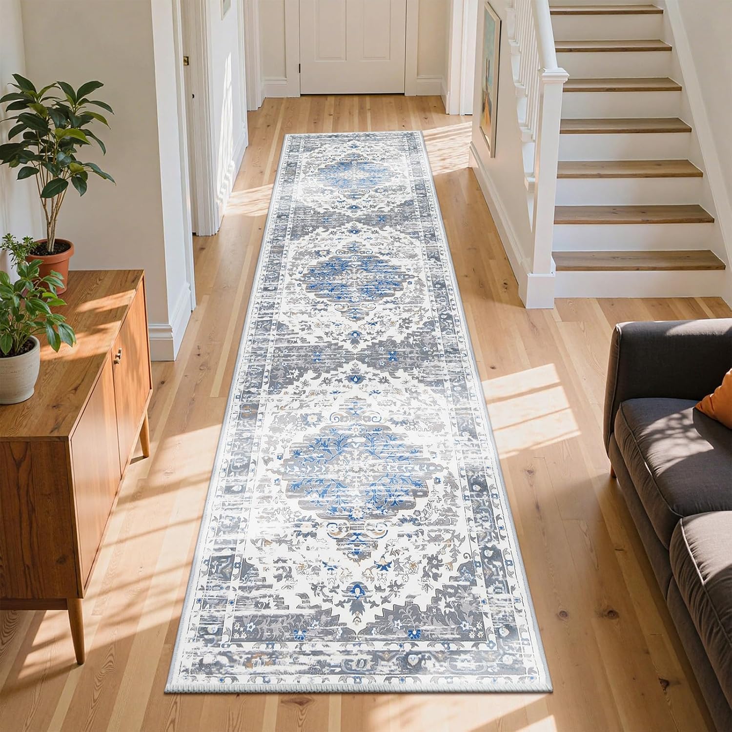 Ileading Washable Hallway Runner Rugs, 2x8 Non Slip Runners Area Rug for Entryway Kitchen Bathroom Bedroom Laundry Living Room, Long Narrow Low-Pile Floor Carpet Boho Vintage Throw Mat for Kids Room