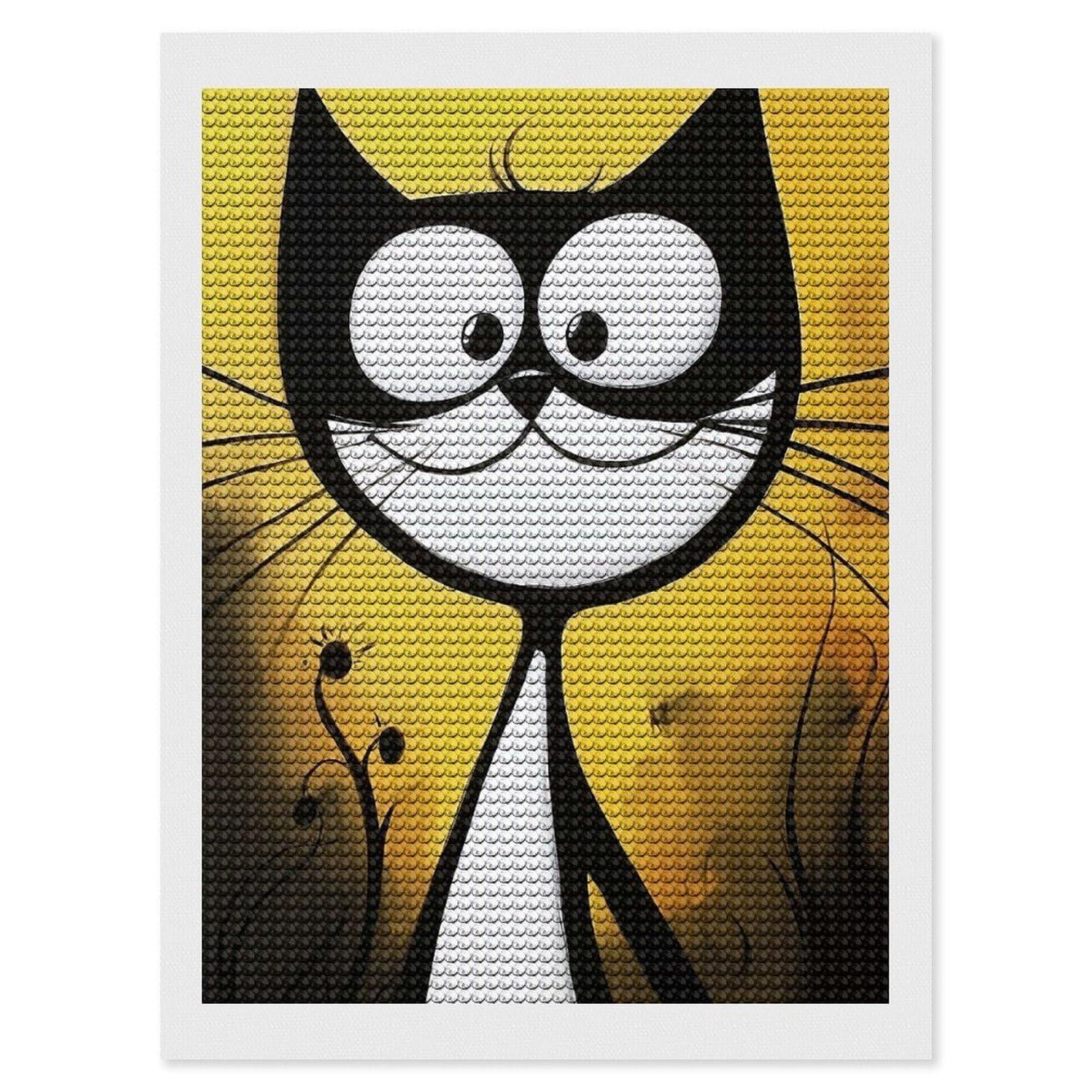 Junmoney Smiling Black Cat DIY Diamond Art Canvas Kit 12"x16", Adhesive Canvas, Easy to Enjoy, Farmhouse Decor, Festive Craft Gift