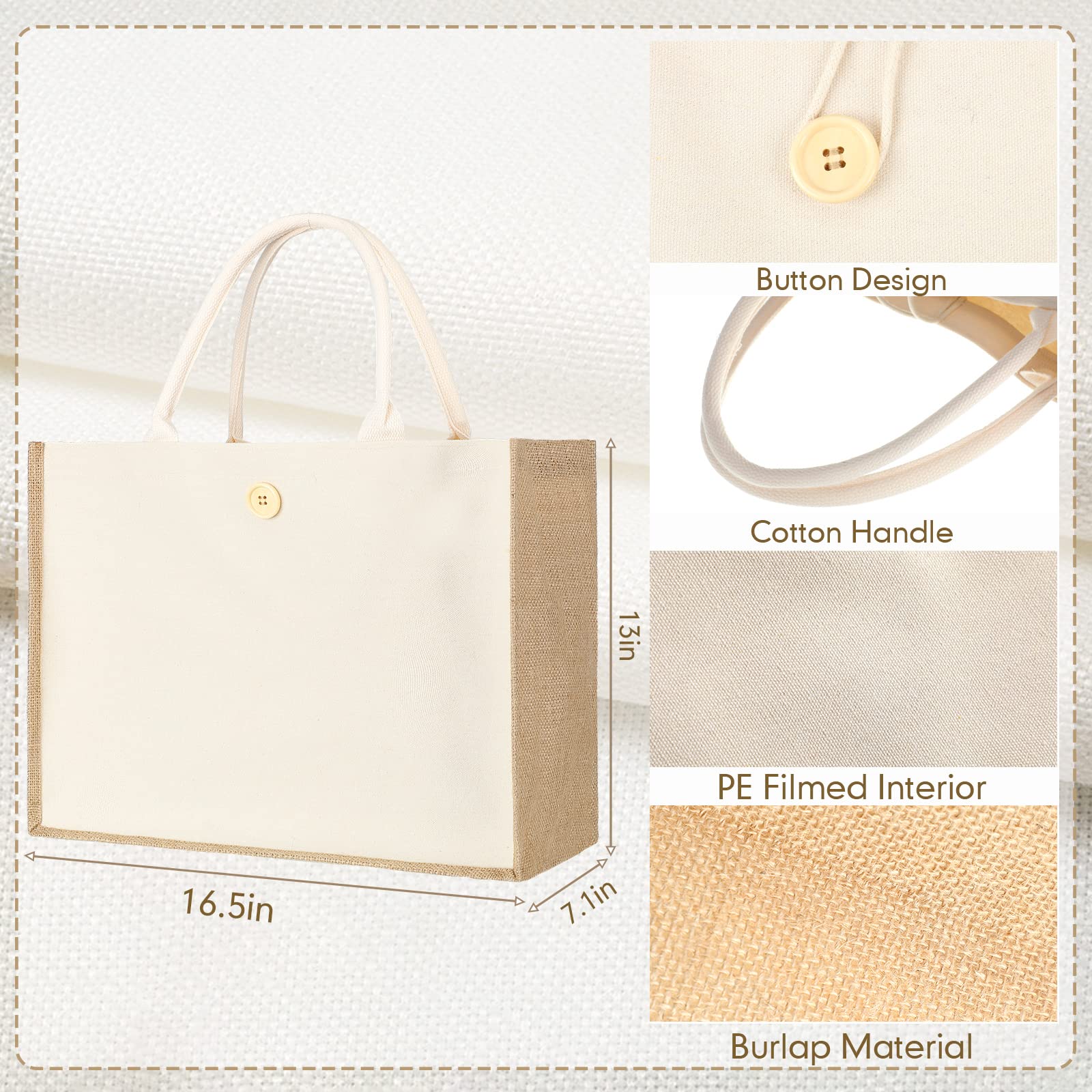 Boao 10 Pack Burlap Tote Bag Set, Reusable Blank Jute Burlap Grocery Bag with Handle for Bridesmaid Gift Shopping DIY Wedding Bride Party, 16.5 x 13 x 7.1 Inch