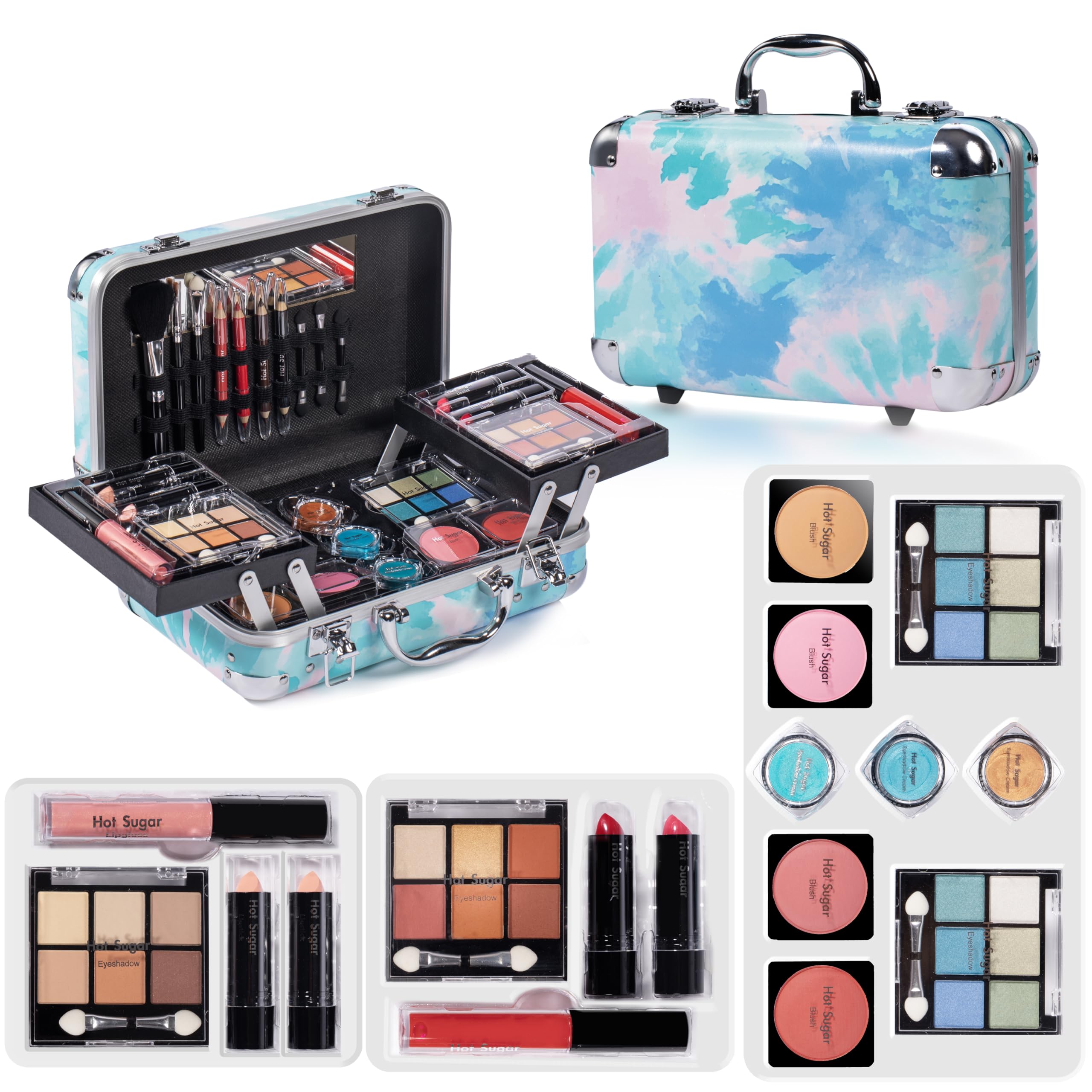 Hot Sugar Teen Makeup Kit, 27-Piece Cosmetic Gift Set for Women with Train Case Eye Shadow Palettes, Blushes, Lip Glosses