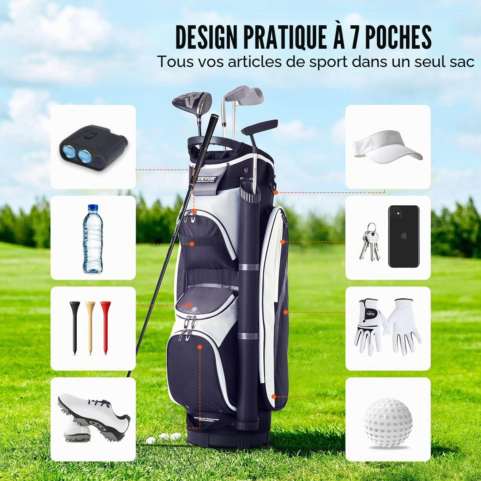 VEVOR Sac de Chariot de Golf avec séparateur sur Le Dessus à 14 Compartiments, Plusieurs Poches de 91,4 cm, Sacs de Golf durables avec poignées, Housse Anti-poussière et Sangles Amovibles pour Homme