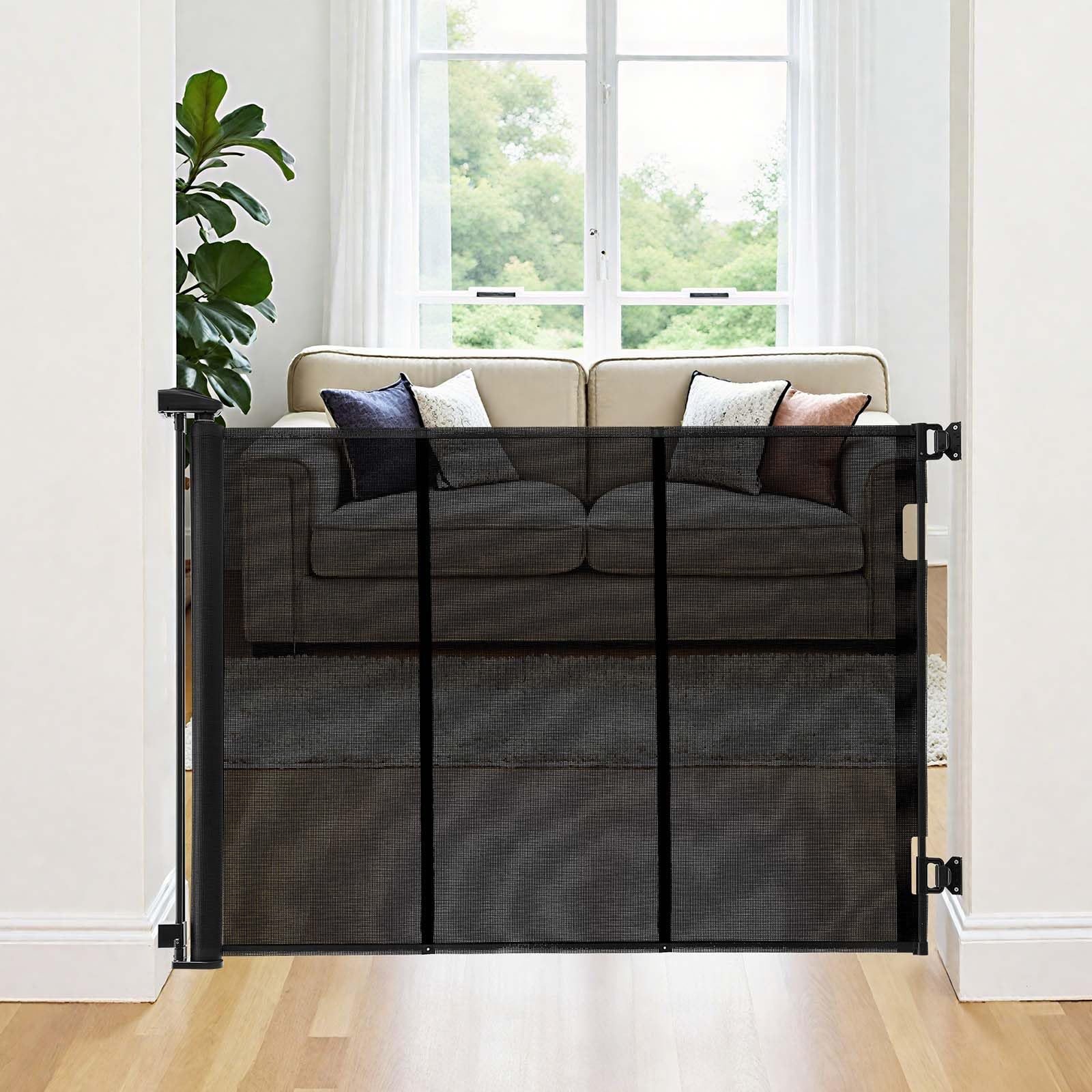 VEVOR Puerta Retráctil 530 x 106 cm, Valla de Seguridad para Perros, Panel de Malla Transpirable con Tiras de Fibra de Vidrio para Escaleras Interiores, Puertas, Pasillos, Salas de Juegos, Negro