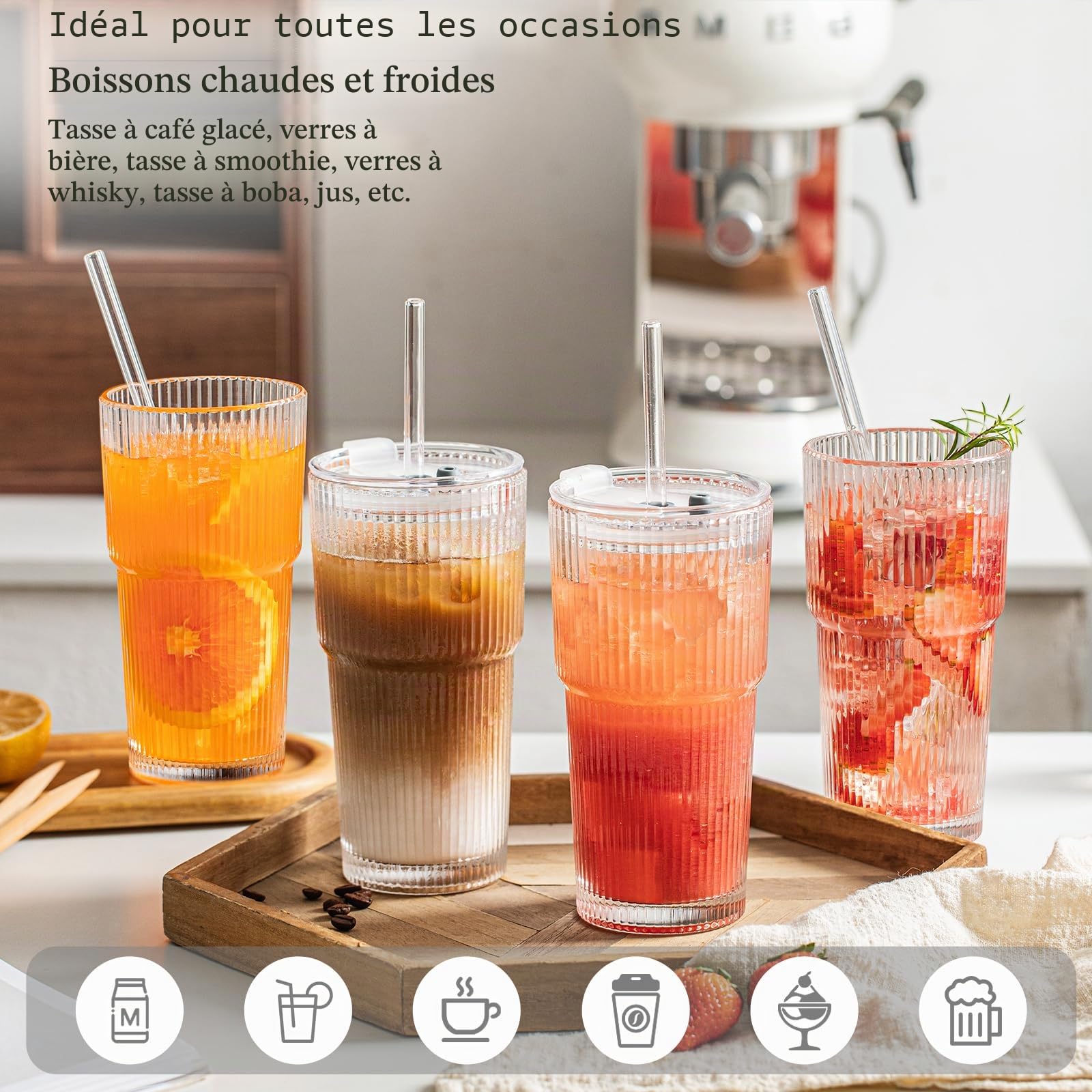 INSETLAN Lot de 4 gobelets en verre nervuré de 591 ml avec couvercles et pailles en verre – Paroi épaisse, idéal pour le café glacé, les smoothies, les cocktails et les jus – Vaisselle élégante et