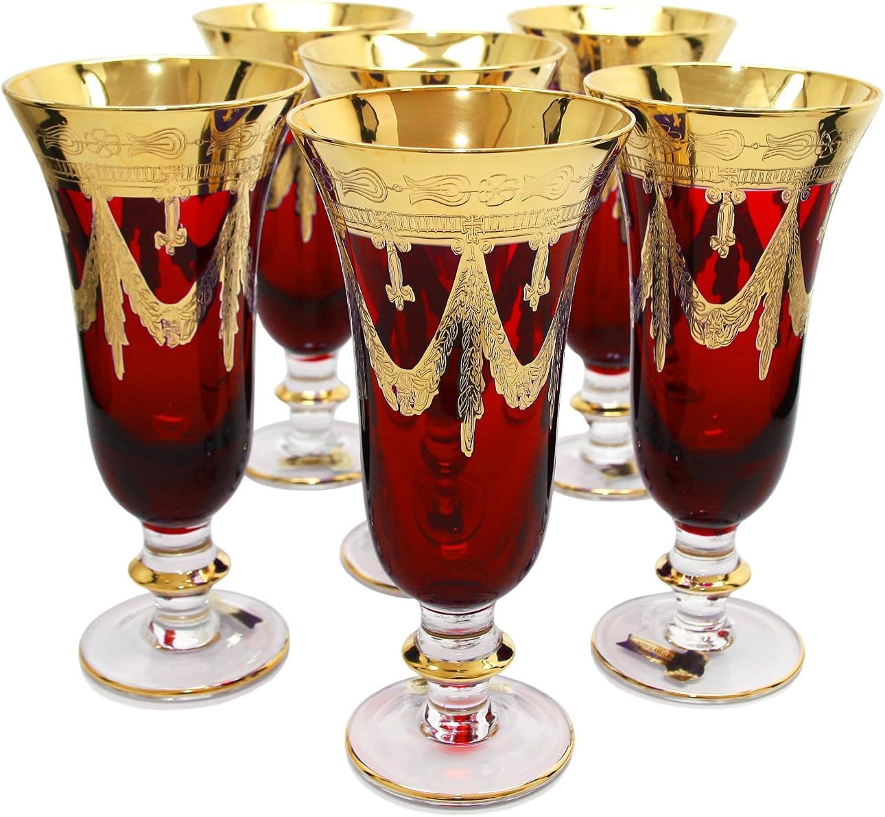 Interglass - Italy Ruby Red Crystal Champagne Flutes Vintage Design 24K Gold Hand Decorated, 9 oz, Set of 6