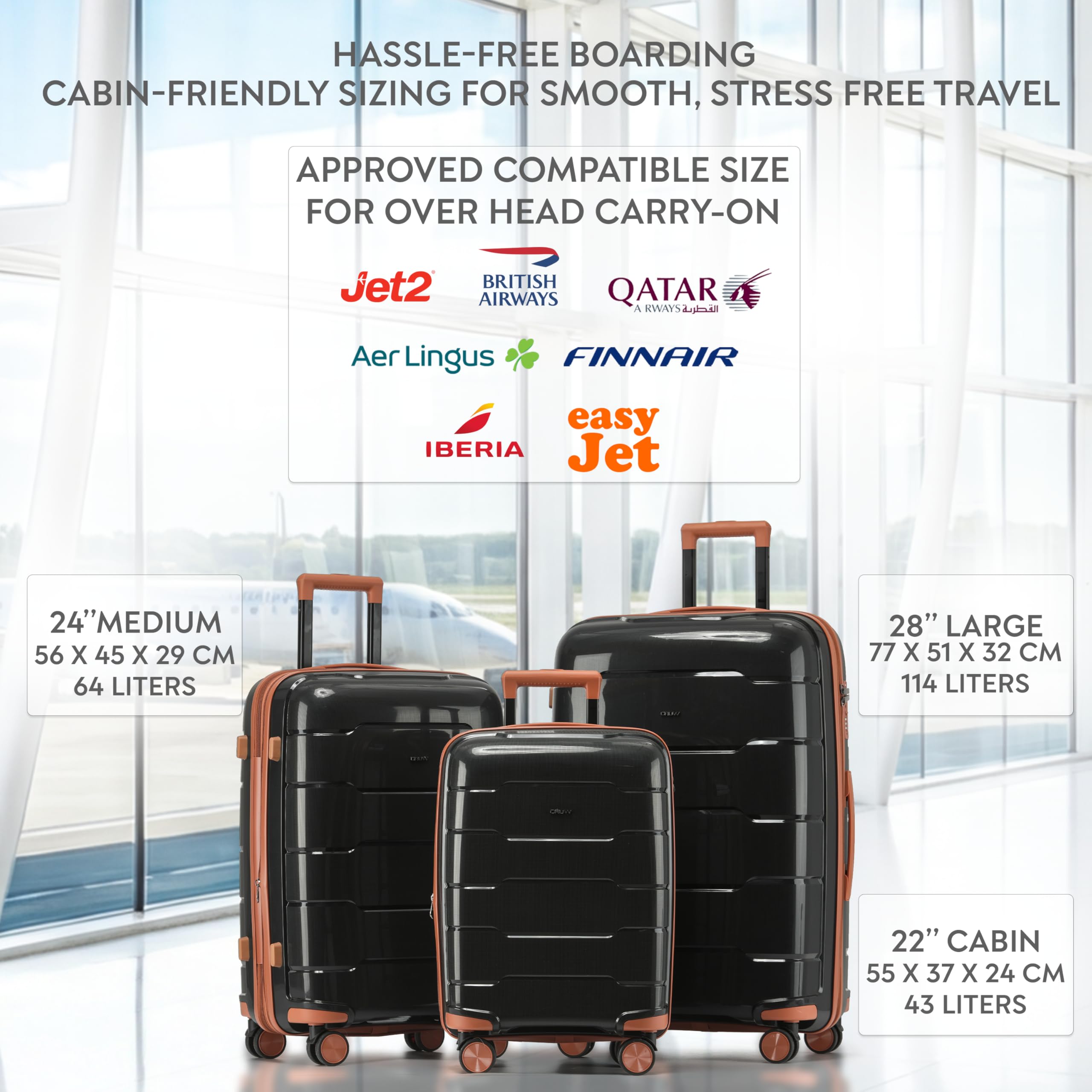 CRUW 3-Piece Luggage Set Expandable Polypropylene Suitcase Set TSA Locks 8 Silent Spinner Wheels Lightweight Nested Suitcases Travel Set easyJet British Airways Jet2 Approved Carry-On Black/Tan