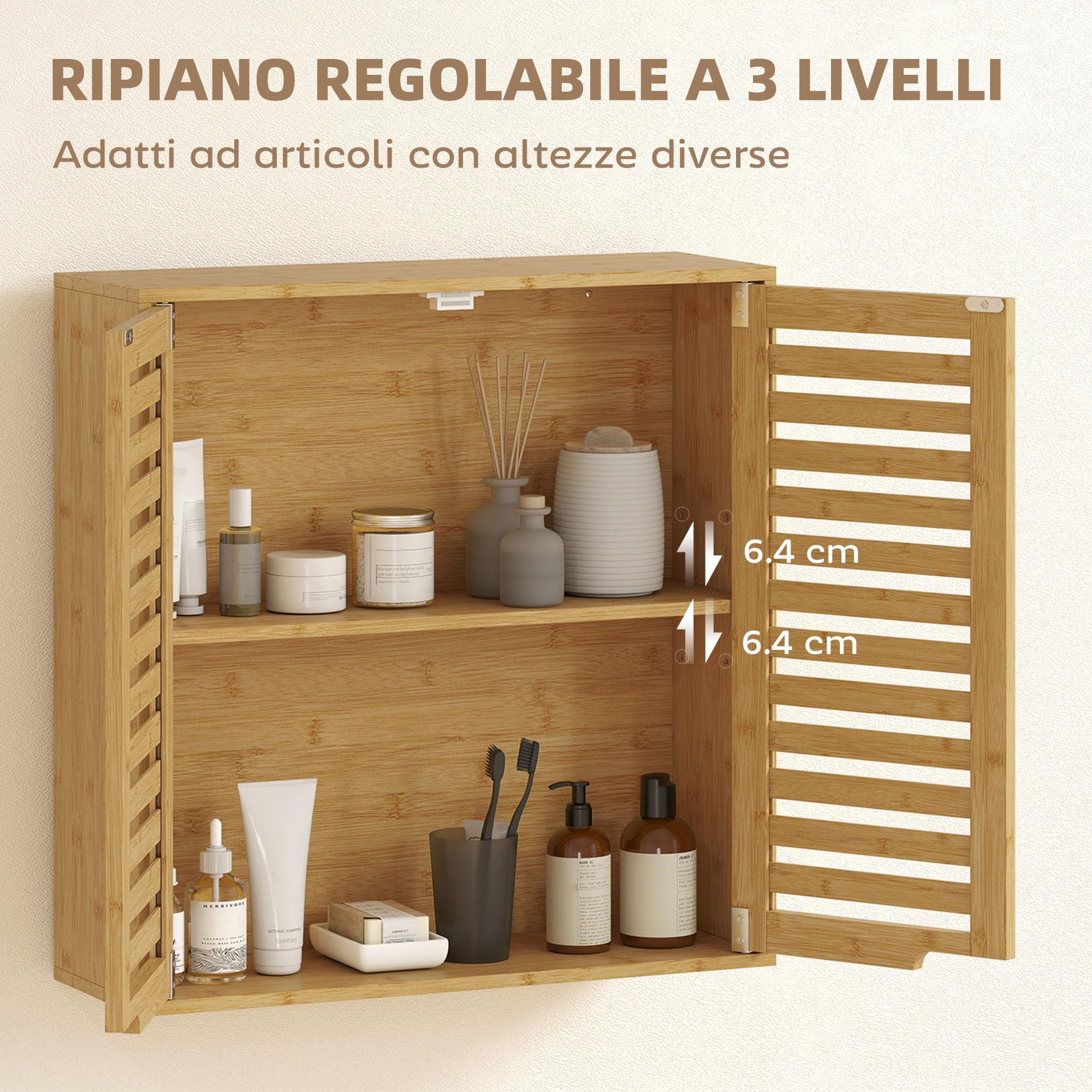 HOMCOM Pensile Bagno con Ante a Persiana in Bambù, Mobiletto Bagno Sospeso con Ripiano Interno Regolabile, 60x20x60 cm, Color Legno