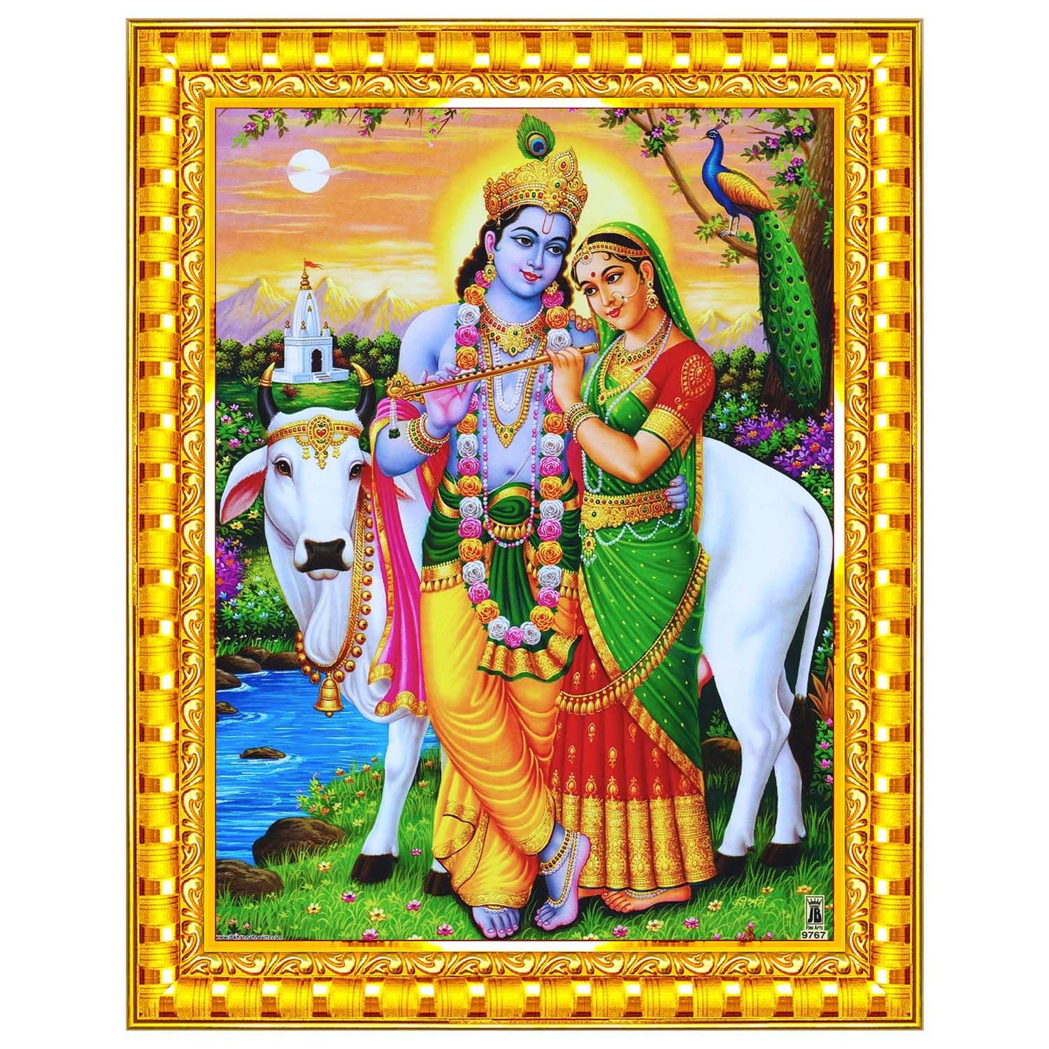 Cadre photo Radha Krishna en bois doré 15x20 cm pour tableau mural hindou