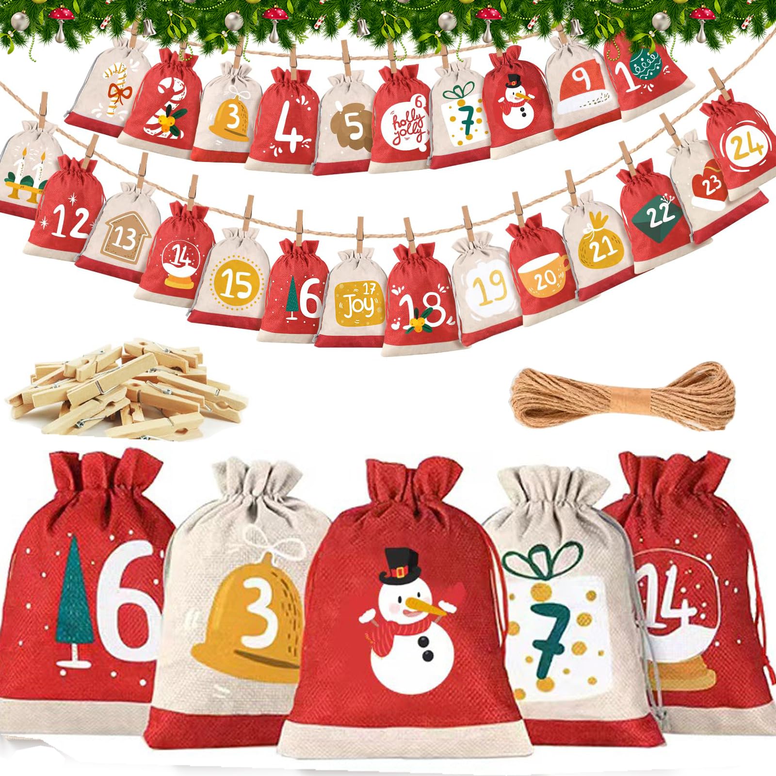 Ruikdly Advent Calendar for Filling, 24 Advent Calendar for Filling, Fabric, DIY Advent Calendar to Fill Yourself, Christmas Decoration Bags, Advent Calendar Bags 2024 Nian Children