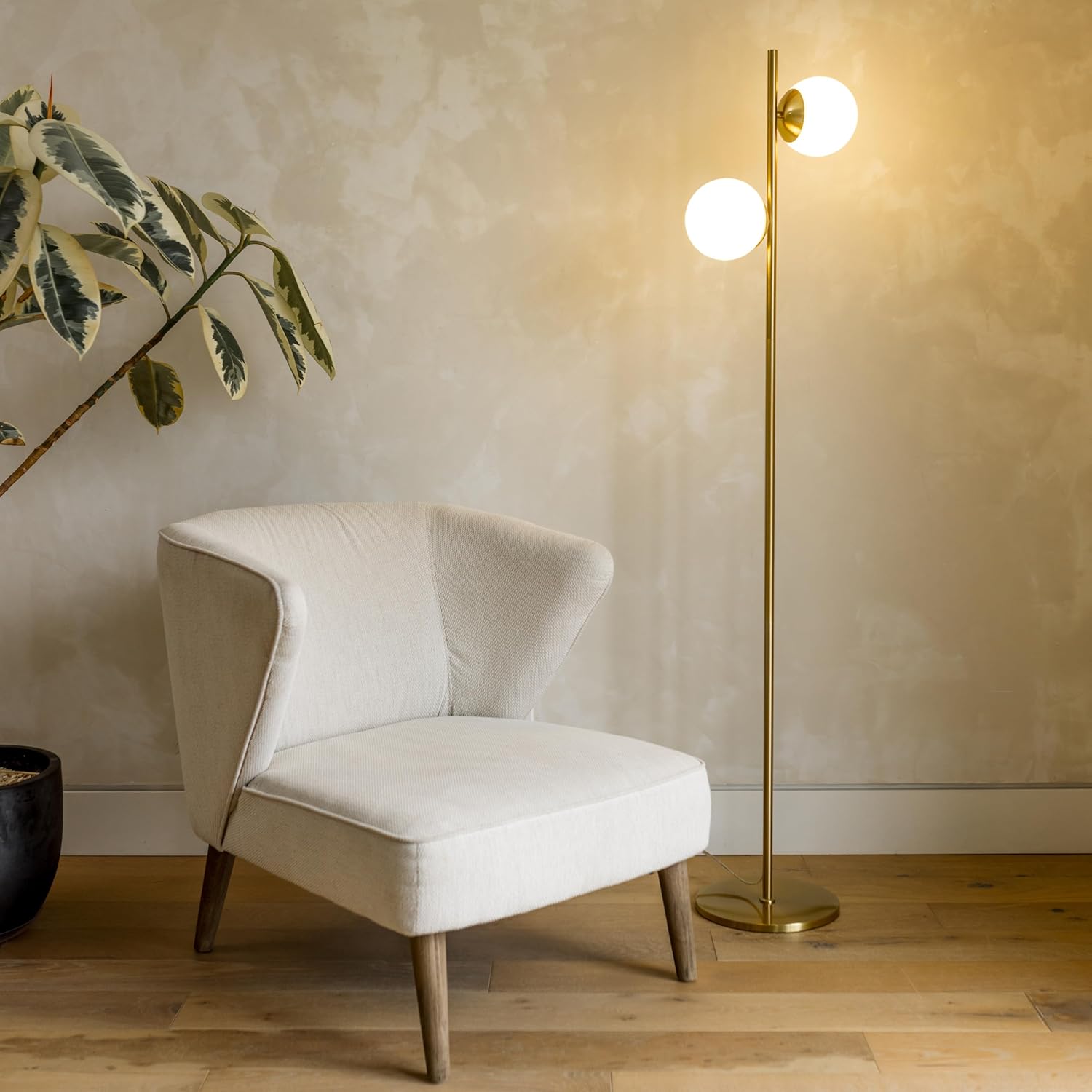 Elegant Brass Triple-Head Torchiere Floor Lamp with Glass Shades