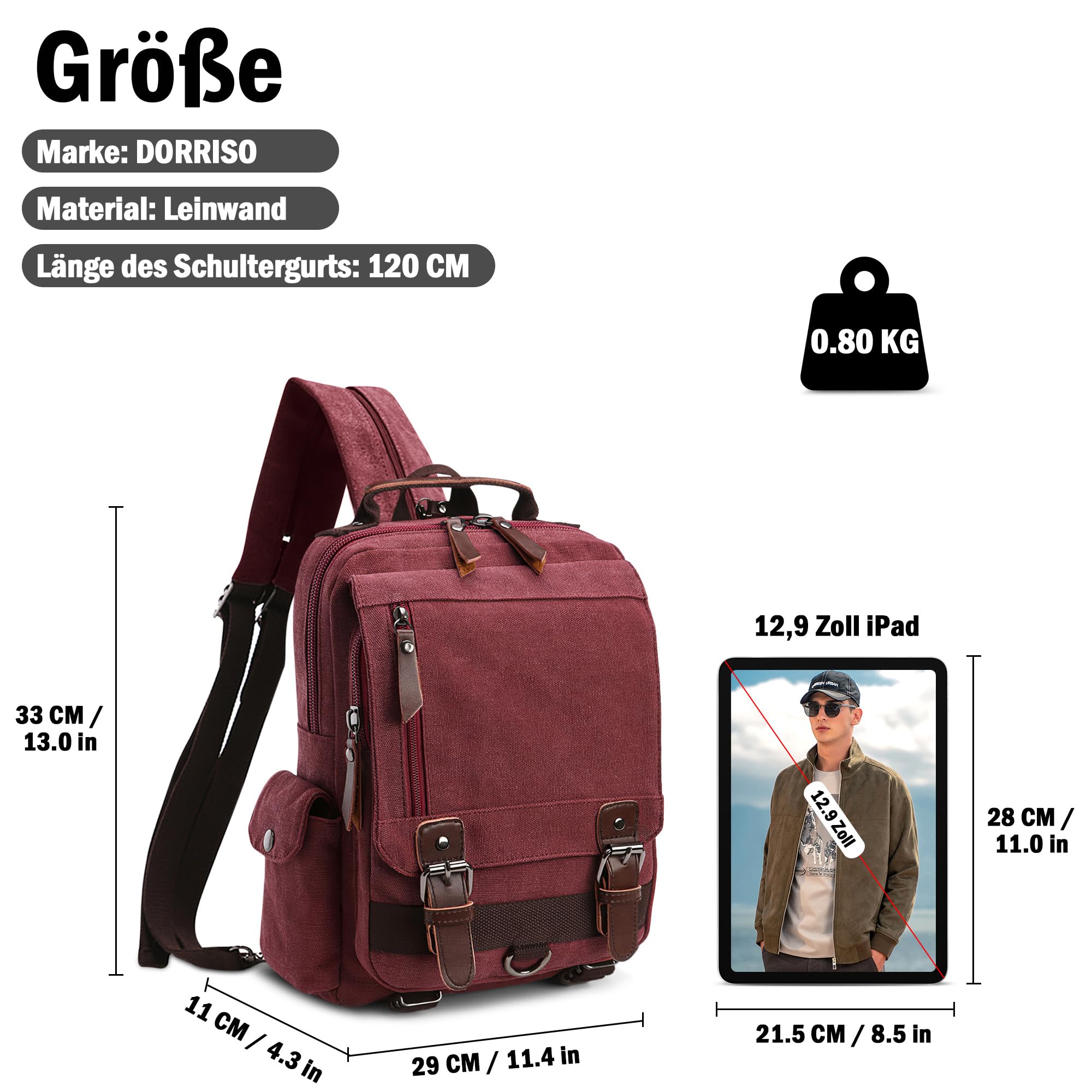 Herren Rucksack Klein Tagesrucksäcke Mode Brusttasche Sling Bag Leinwand Schultertaschen Kuriertasche Männer Sporttasche Casual Reise Schule Schultertasche Rucksack Rot