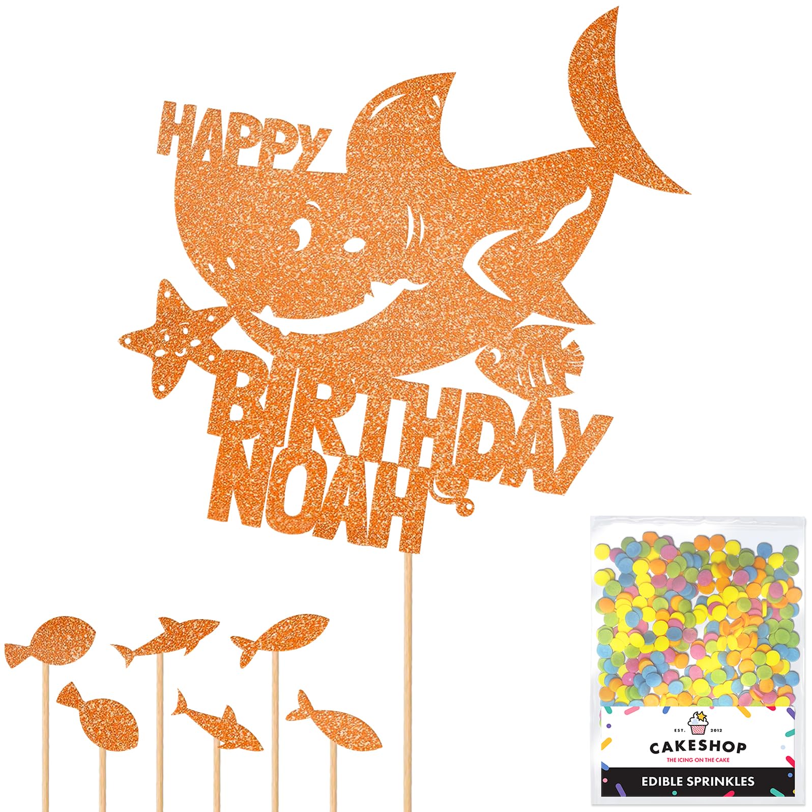 Personalised Birthday Shark Glitter Cake Topper- Copper Orange Any Custom Name Glitter Cake Decoration and Sprinkles - Happy Birthday Decorations - Personalised Toppers for Cakes by Cakeshop โ image 1