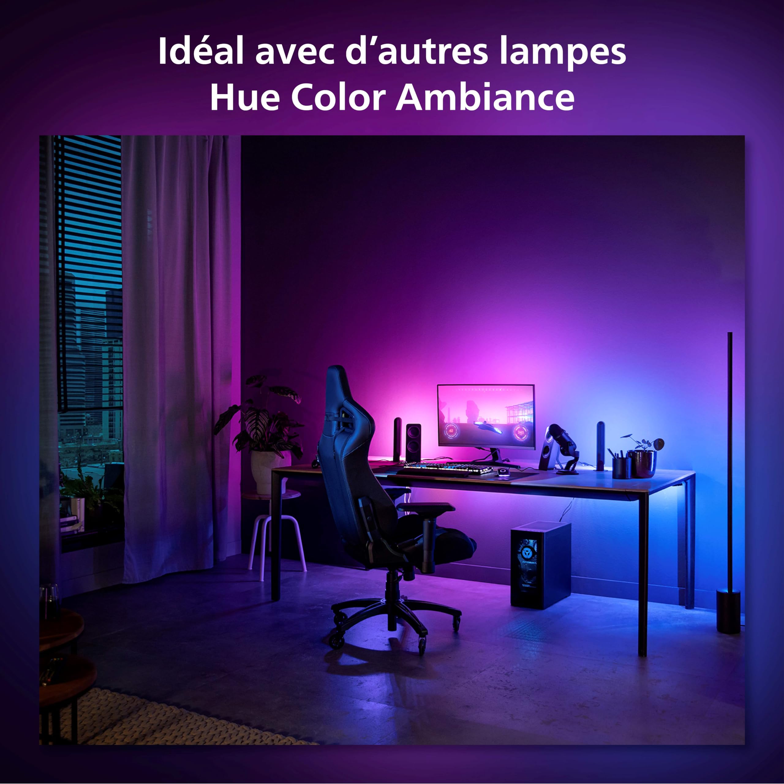 Philips Hue White and Color, Kit démarrage Lightstrip Hue Play gradient PC, écran 24-27 pouces + Pont, synchronisation de la lumière avec le jeu, compatible Alexa, Google et Apple Homekit