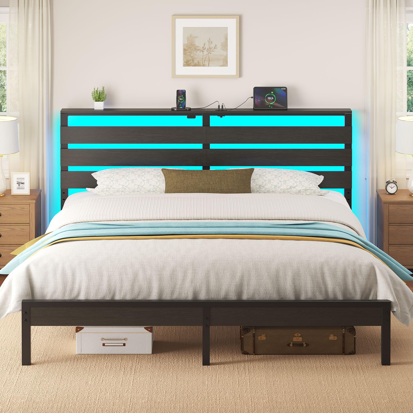 Rolanstar Bed Frame King Size with USB Charging Station LED Bed Frame with Wood Storage Headboard Black Metal