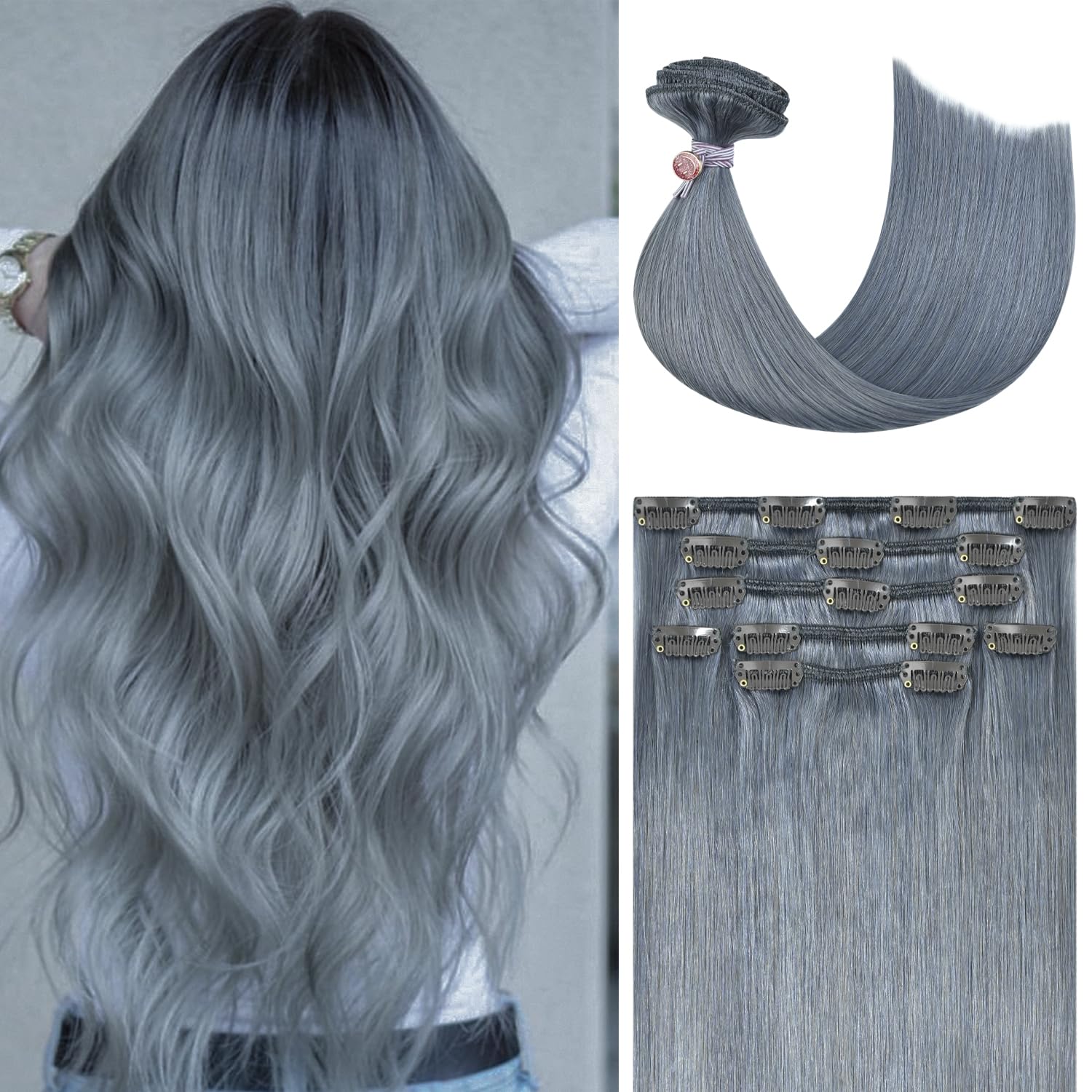 Honsoo Gray Real Human Hair Extensions Clip Ins 18in 70g 7pcs Clip On Hair Extensions Like Your Own Hair For Woman