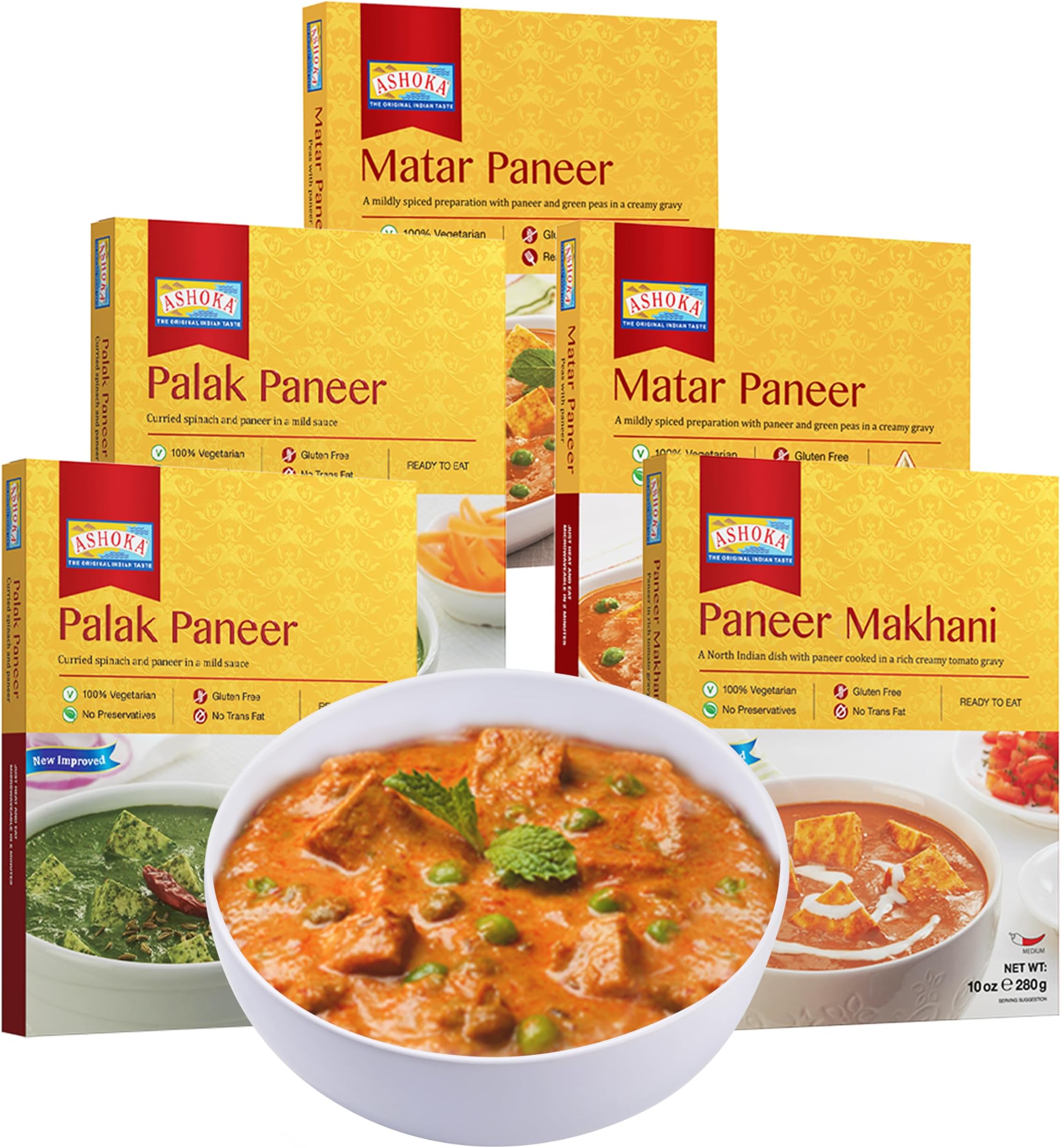 Ashoka Heat & Eat Meals 1932, All-Natural Vegetarian Meal Kit, Cheese Entrees, Kosher Certified Curry Assortment, Authentic Indian Food, Great for Outdoors, Gluten-Free, No Preservatives, Pack of 5