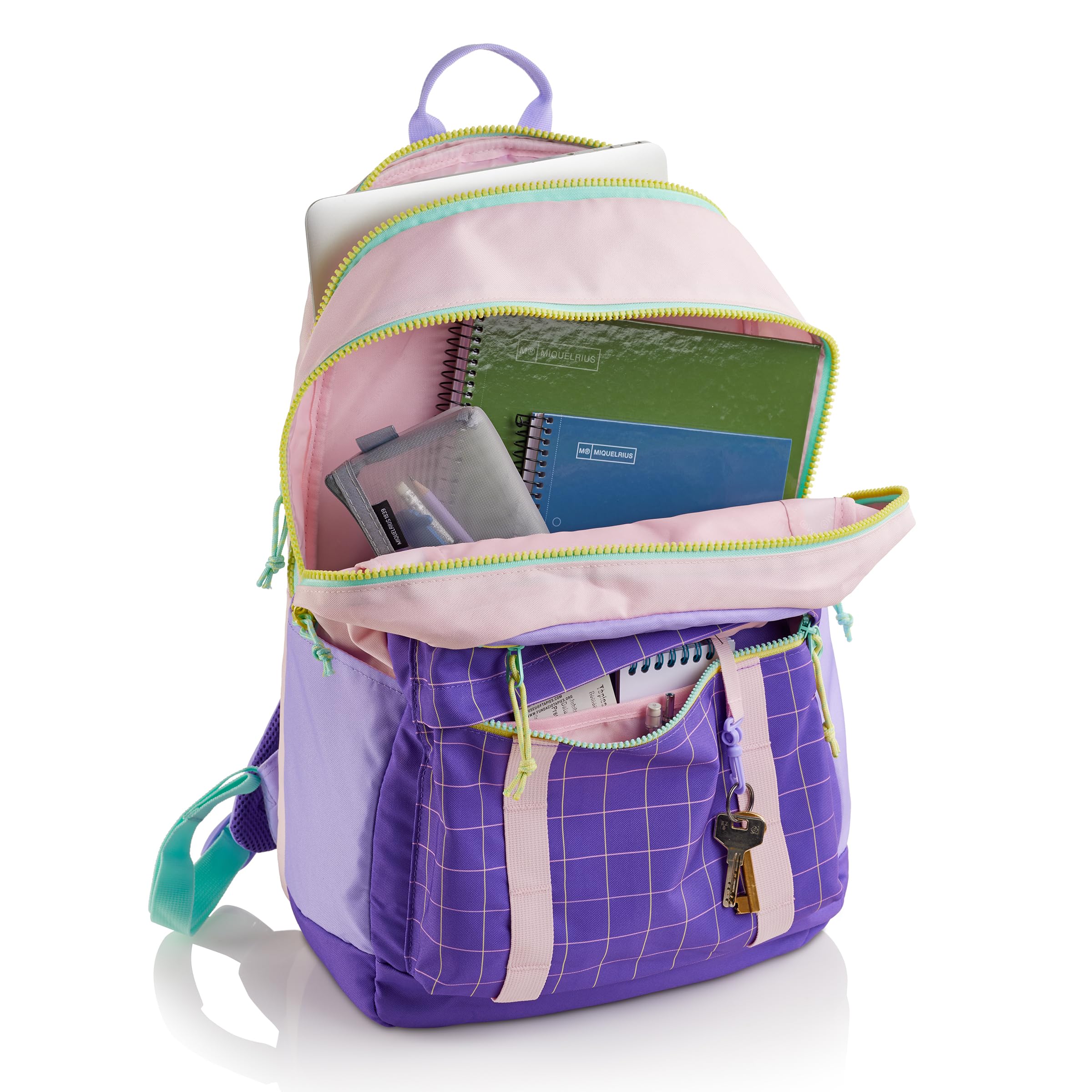 Miquelrius - Mochila escolar, Triple compartimento, Doble cremallera, Fabricada con botellas recicladas, Capacidad 28 litros, Espalda acolchada, Llavero interior, Repelente al agua, Rider Violeta
