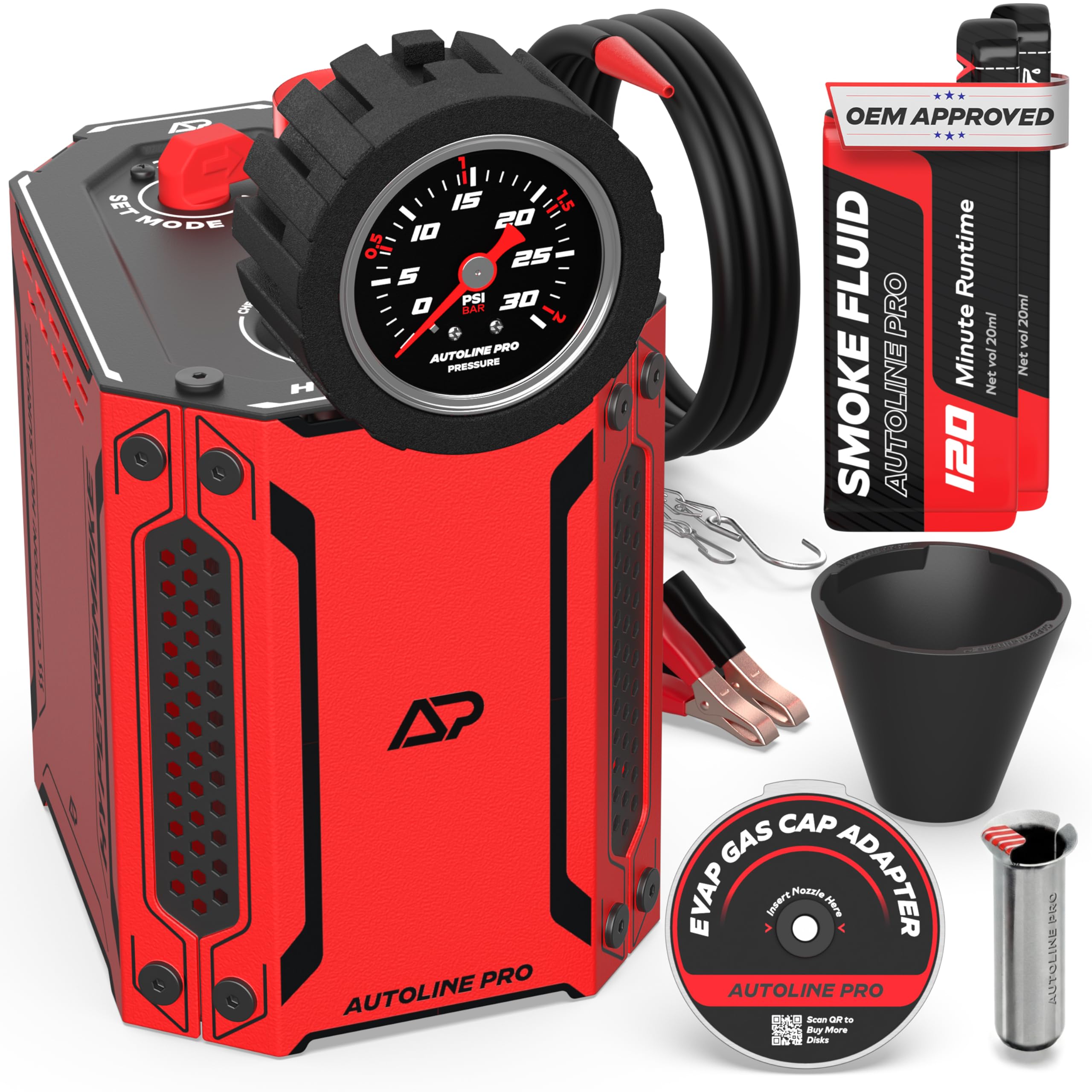 AutoLine Pro HyperSmoke 자동차 성능 스모크 머신 EVAP 진공 누출 테스터, 조절 가능한 압력 포함, 내장 공기 압축기, OEM 승인 연기 유체, 콘 어댑터 및 가스 캡 EVAP 어댑터