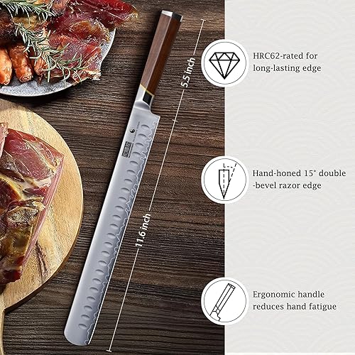 Miniatura 5 de HOSHANHO Brisket Cuchillo japonés de acero de alto carbono de 12 pulgadas para cortar carne y barbacoa, cuchillos afilados con mango ergonómico y