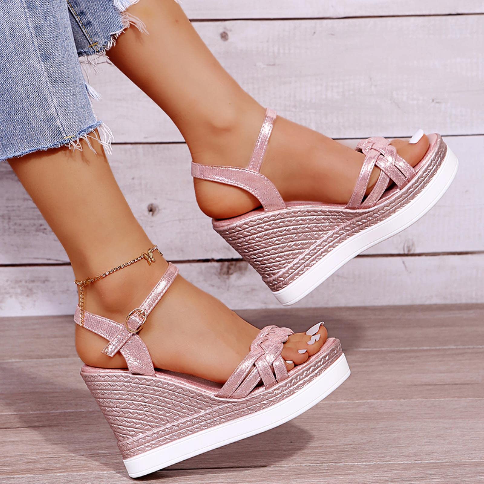 Sandales compensées pour femme - Sandales d'été à plateforme - Chaussures à boucle - À enfiler - Tissage à bout ouvert - Décontracté