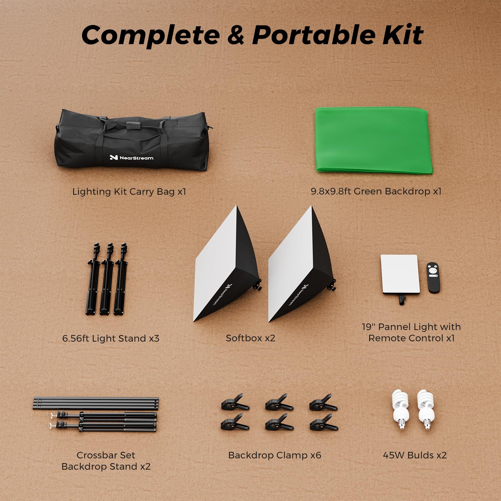 NearStream VK40 - Kit di illuminazione professionale per fotografia con sfondo verde da 3 x 3 m, con supporto, kit softbox da 61 cm, luce da pannello da 48,3 cm con telecomando, attrezzatura da studio