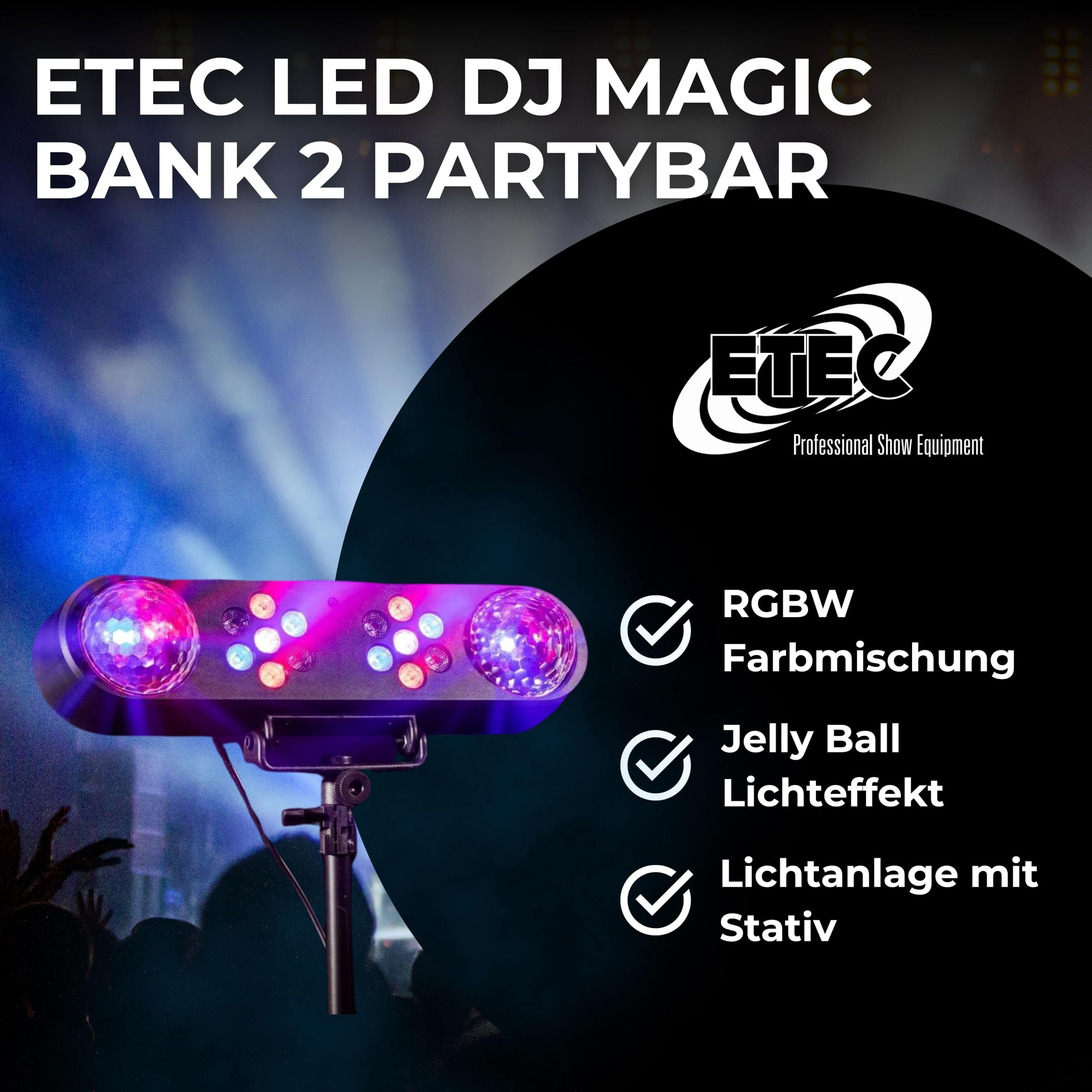 ETEC Professional LED DJ Magic Bank 2 Partybar Effekt Scheinwerfer mit Stativ und Fernbedienung RGB Discolicht Lichtanlage Komplettset PAR Scheinwerfer Jelly Balls Moonflower Veranstaltung Event Bühne