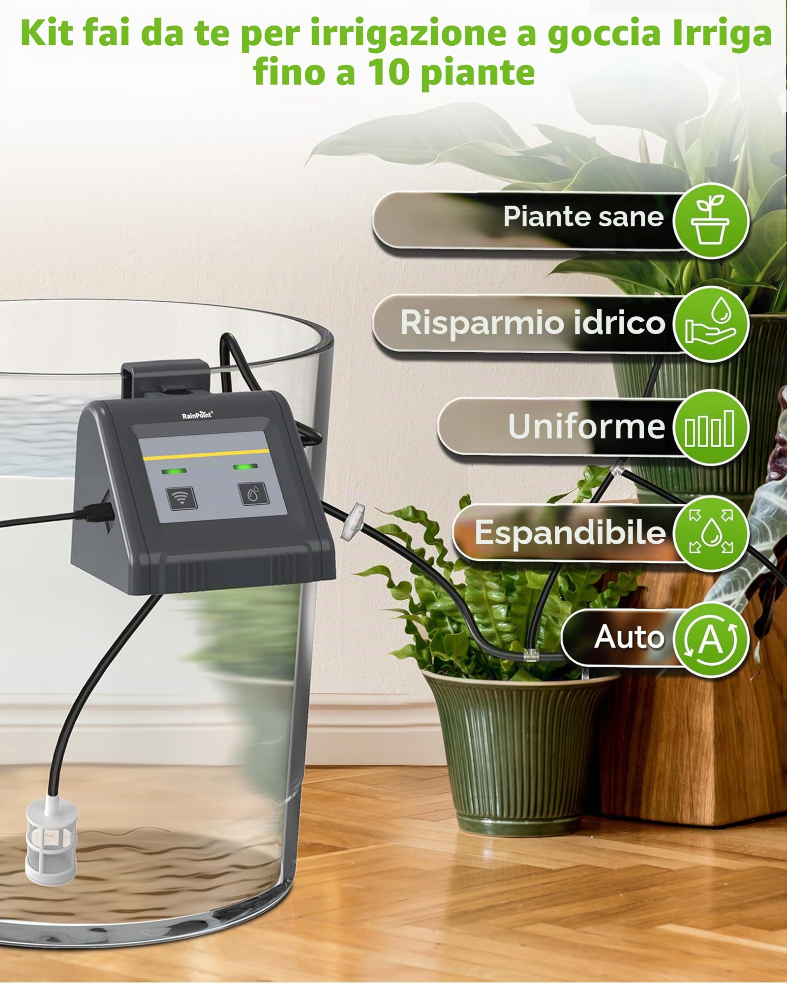 RAINPOINT WiFi Sistema di irrigazione automatica, dispositivo automatico di irrigazione a goccia con pompa, APP telecomando modalità automatica/manuale/smart per balcone, piante in vaso