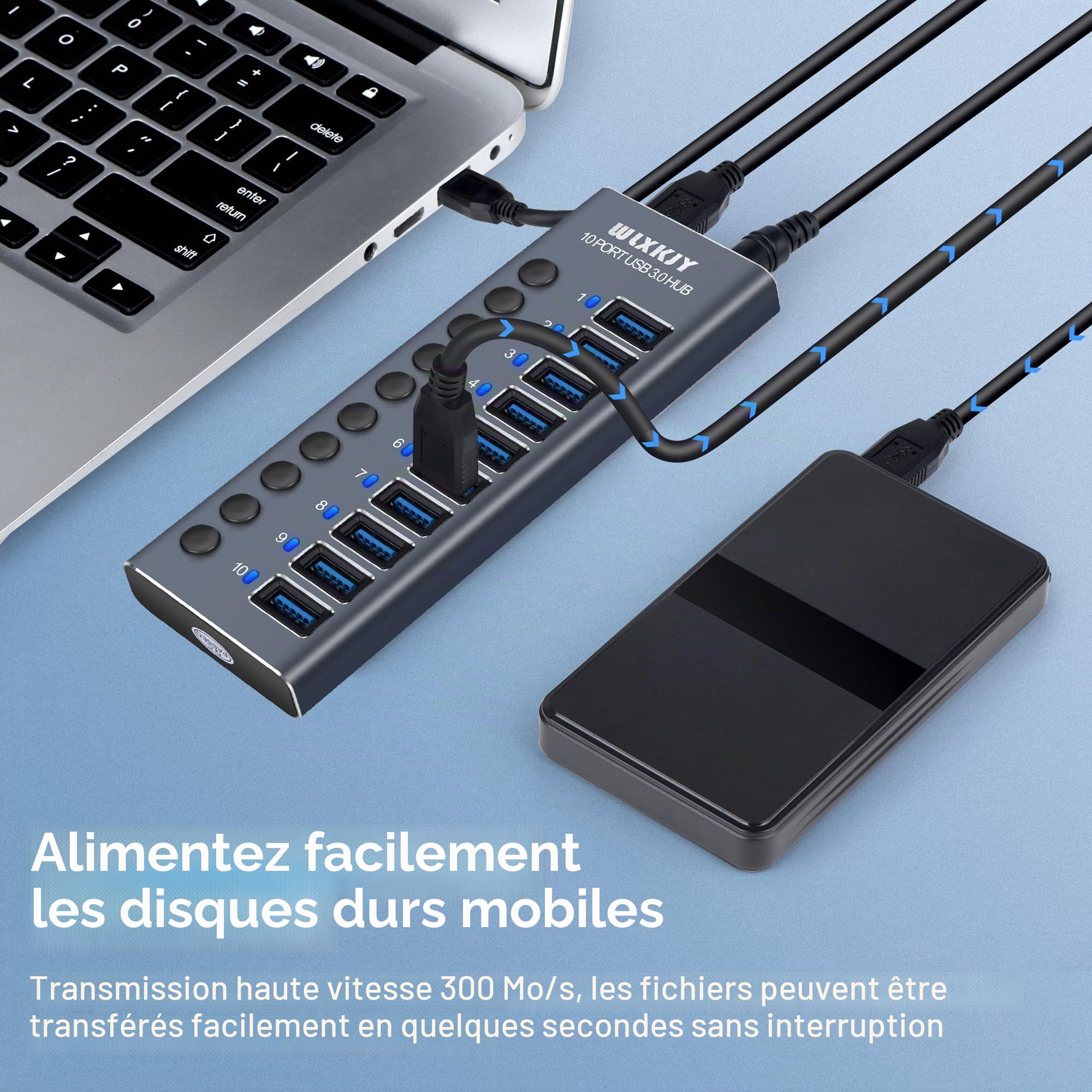 Aktiver Hub mit 72W (24V/3A) Netzteil, 10 Aluminium Ports USB 3.0 Hub zum Laden und Hochgeschwindigkeitsdatentransfer, Multiport USB 3.0 Splitter mit Einzelschaltern, USB-C Adapter