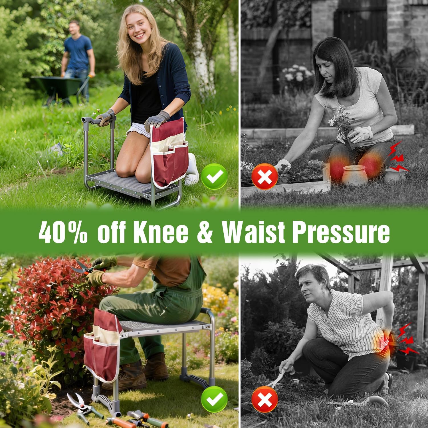 Foldable Garden Kneeler and Seat, 2 in 1 Heavy Duty Garden Stool, Portable Gardening Knee Seat with Pad & Tool Bag, Sturdy Garden Kneeling Bench for Weeding Planting, Supports Up to 400lbs