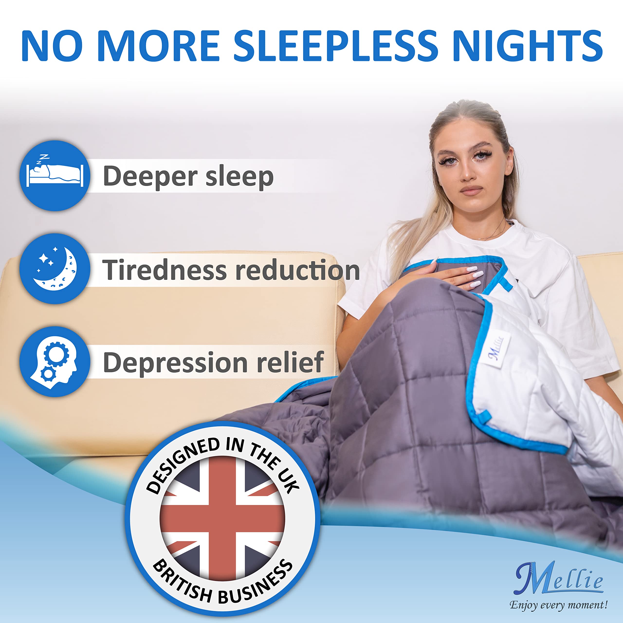 Mellie Lussuosa coperta ponderata da 6,8 kg per adulti (grigio/bianco) con borsa da viaggio – Coperta per alleviare lo stress, l'insonnia e l'ansia – Super King Size – 6,8 kg – senza copertine