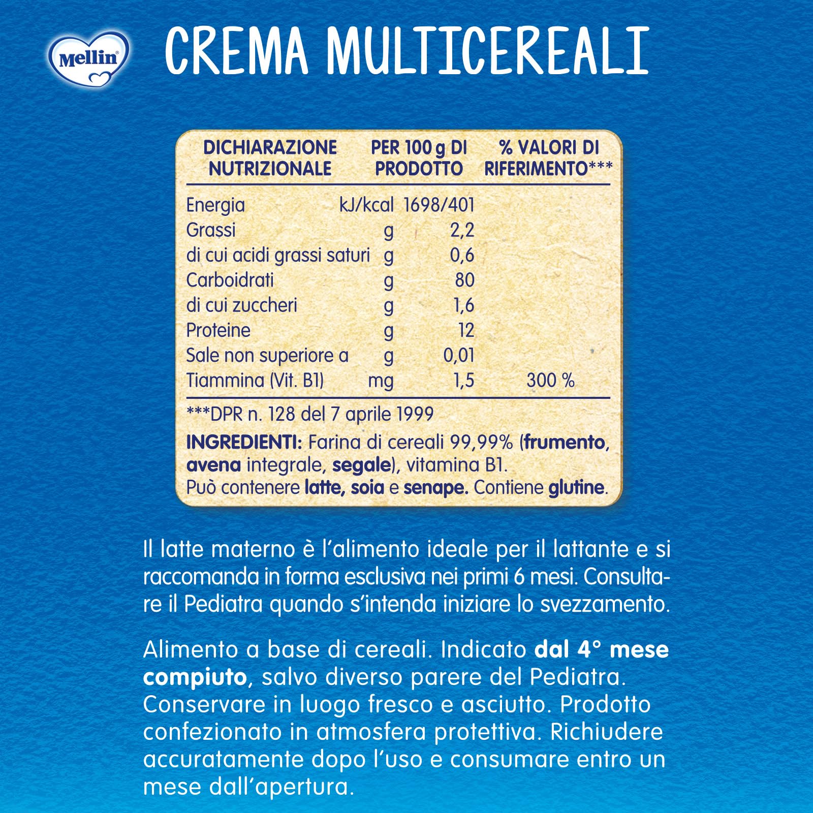 Mellin - Crema Multicereali - Alimento con Vitamina B1, per Bambini dal 4° Mese Compiuto - 6 Confezioni da 400gr (Totale 2400gr)