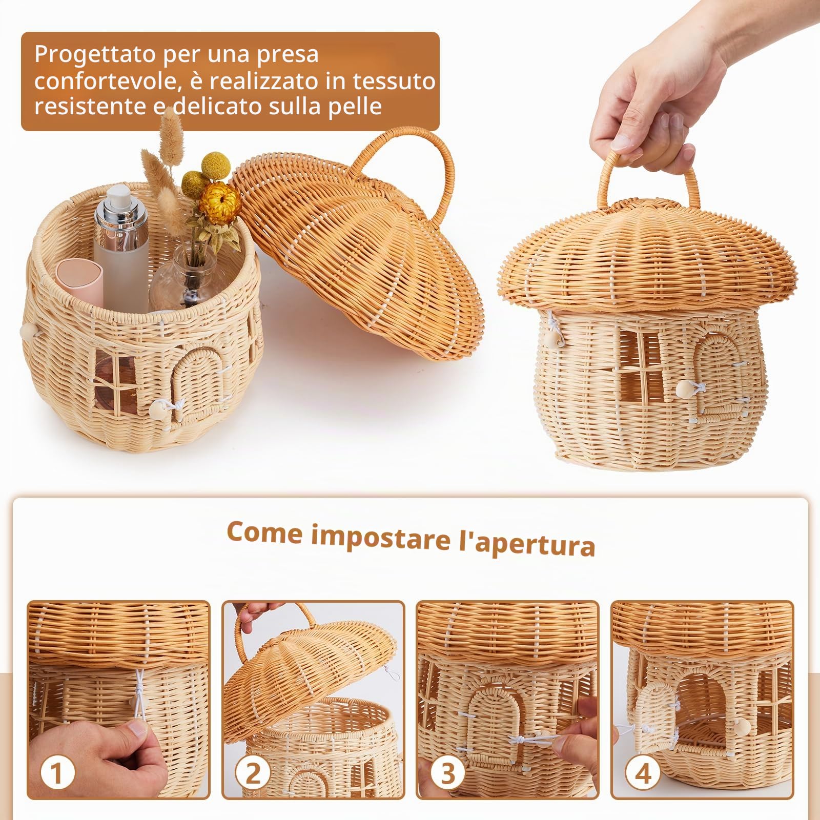 Cesto in Rattan fatto a mano a forma di fungo per conservazione giocattoli, organizzazione esterna e arredamento domestico