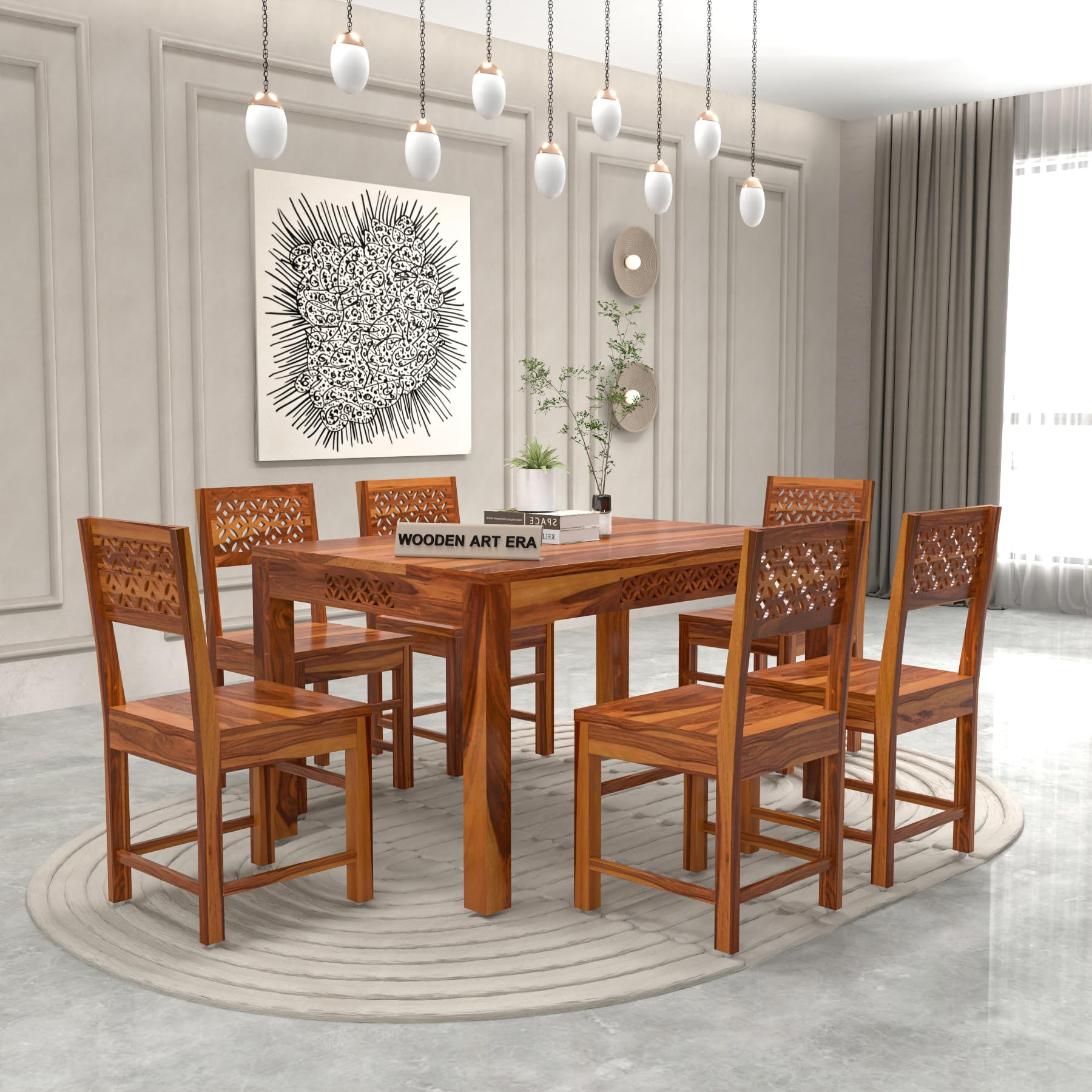 Sheesham Wood 6 Seater Dining Table Without Cushion 6 Chairs | Solid Wood Dining Room Sets Furniture for Living Room Home Restaurant and Café (Customer Side Self Assembly-DIY - Honey)